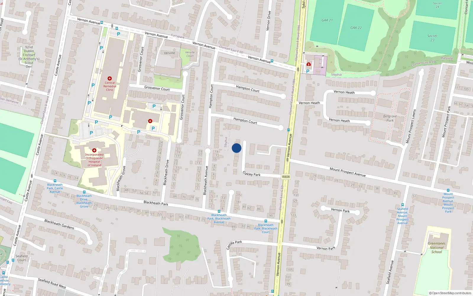 Overhead map showing the location of 31 Oakley Park, Clontarf, Dublin 3