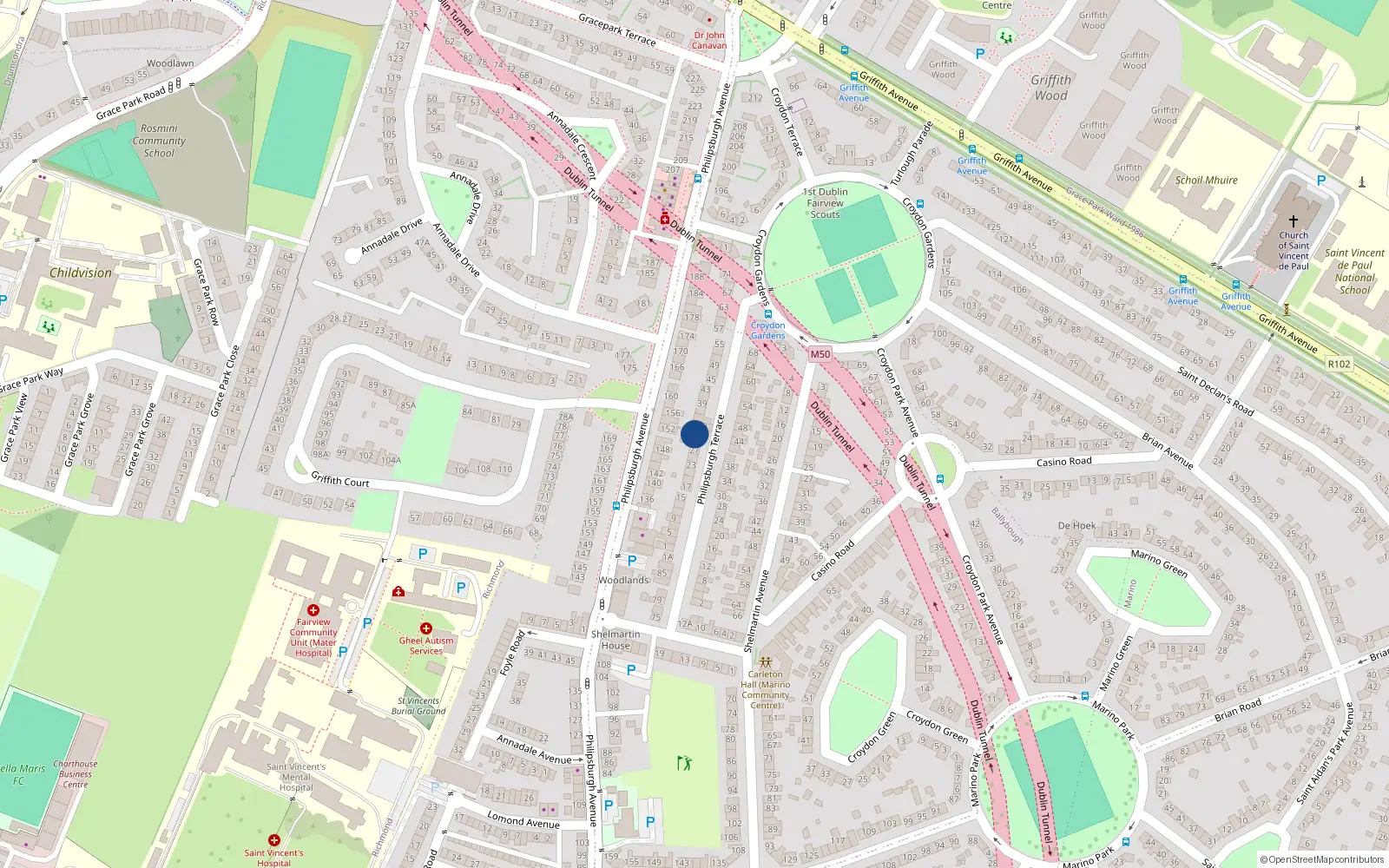 Overhead map showing the location of 31 Philipsburgh Terrace, Marino, Dublin 3