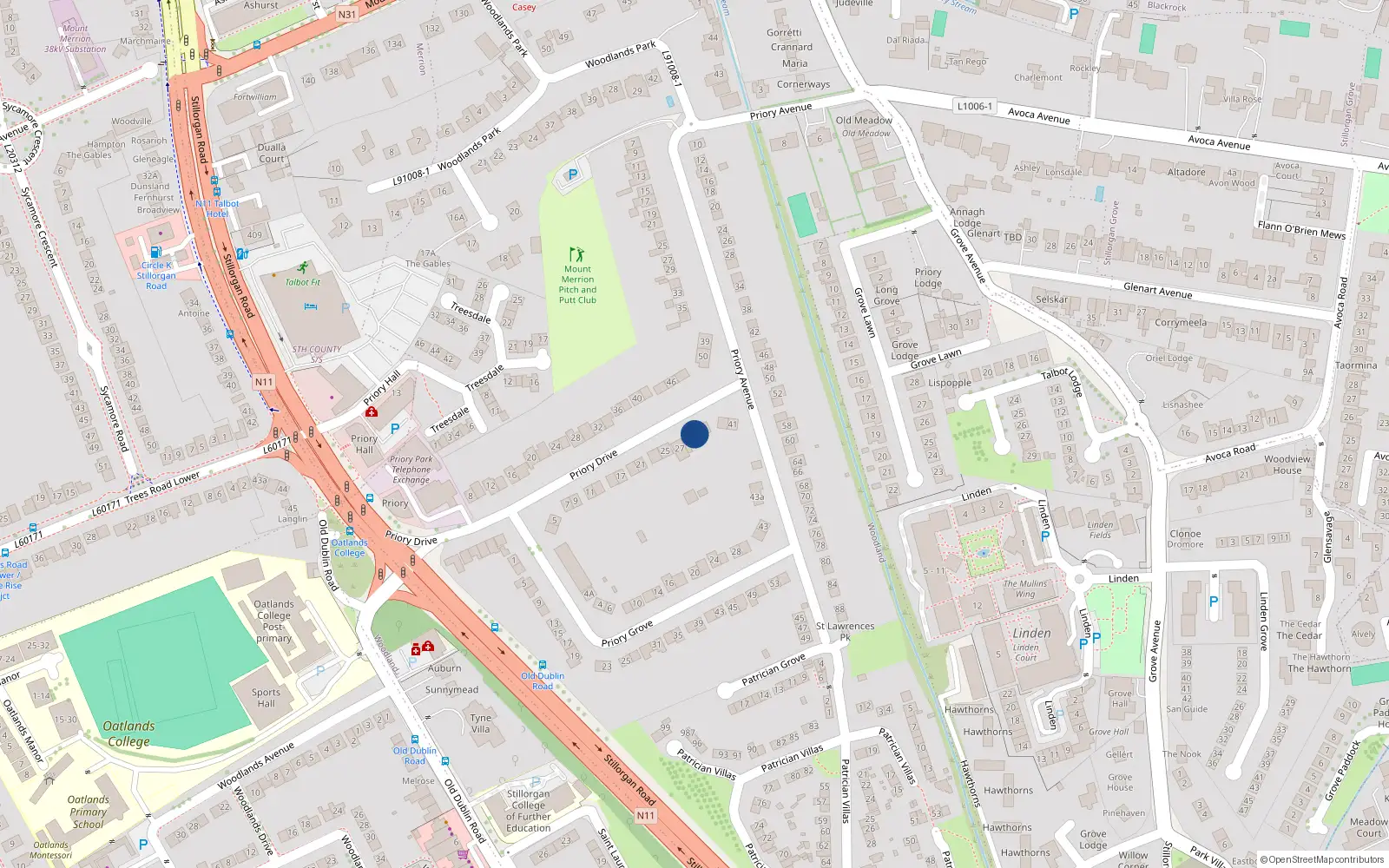 Overhead map showing the location of 31 Priory Drive, Stillorgan, Dublin
