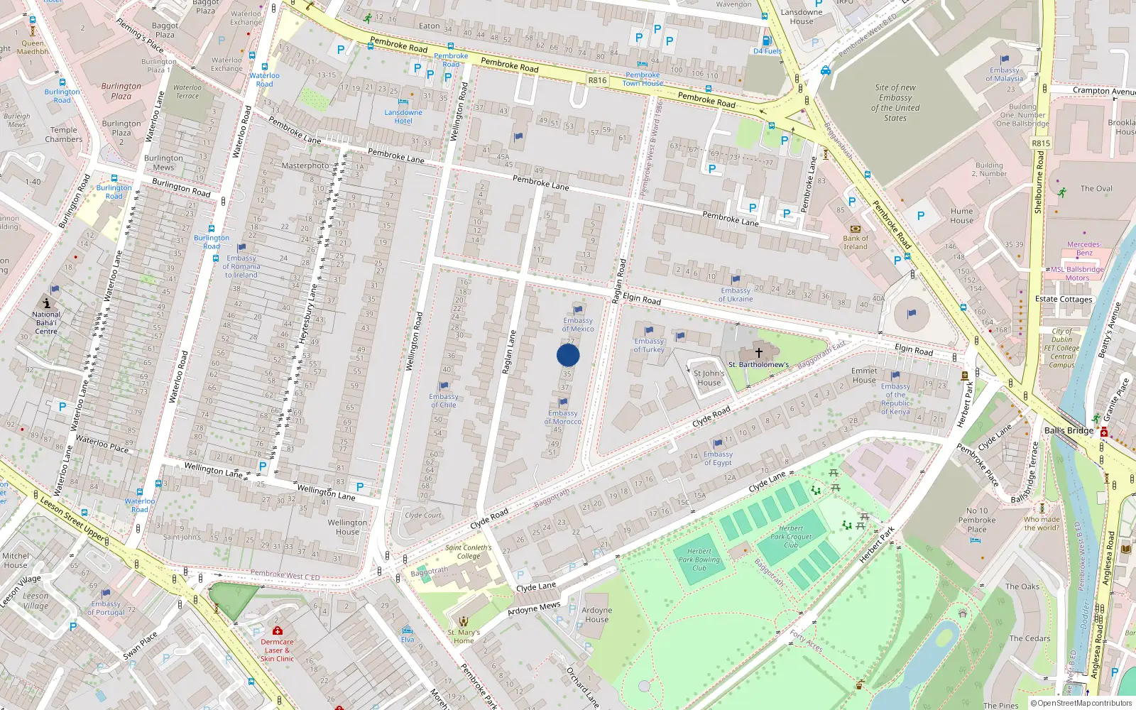 Overhead map showing the location of 31 Raglan Road, Dublin 4