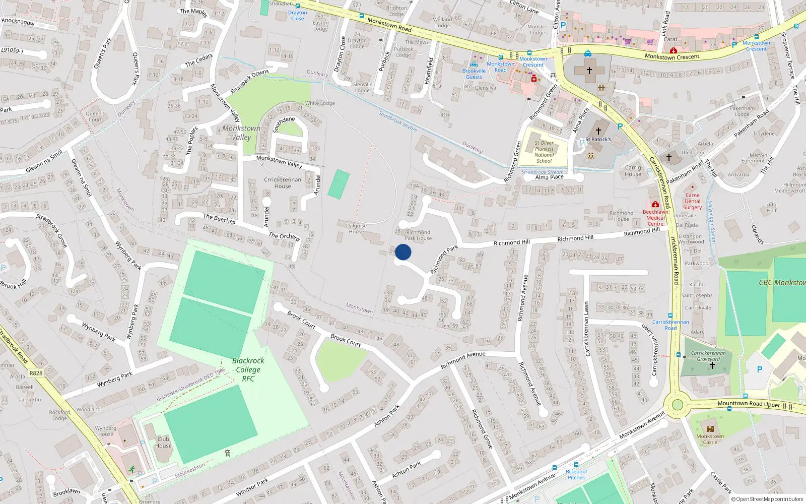 Overhead map showing the location of 31 Richmond Park, Monkstown