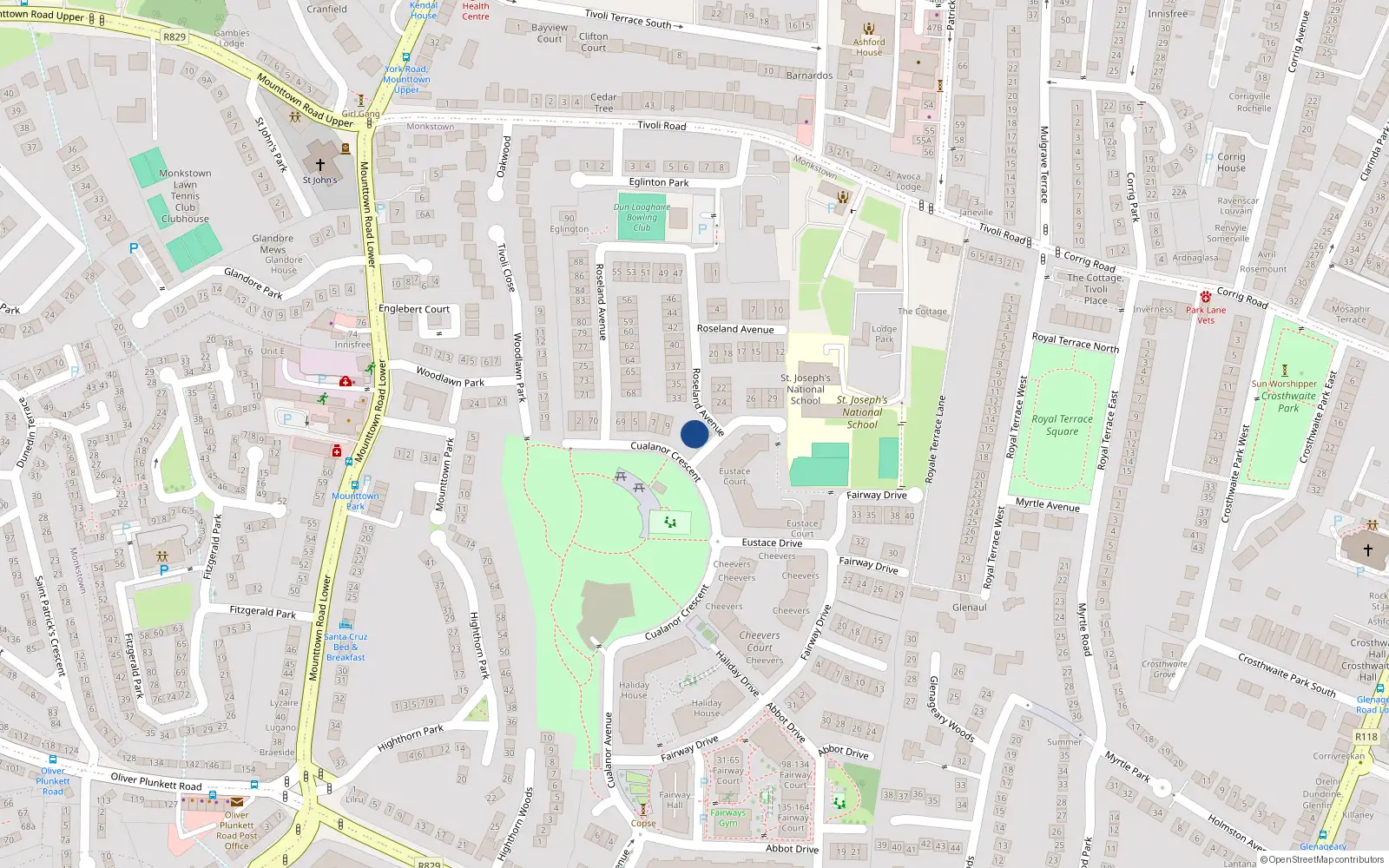 Overhead map showing the location of 31 Roseland Avenue, Dun Laoghaire
