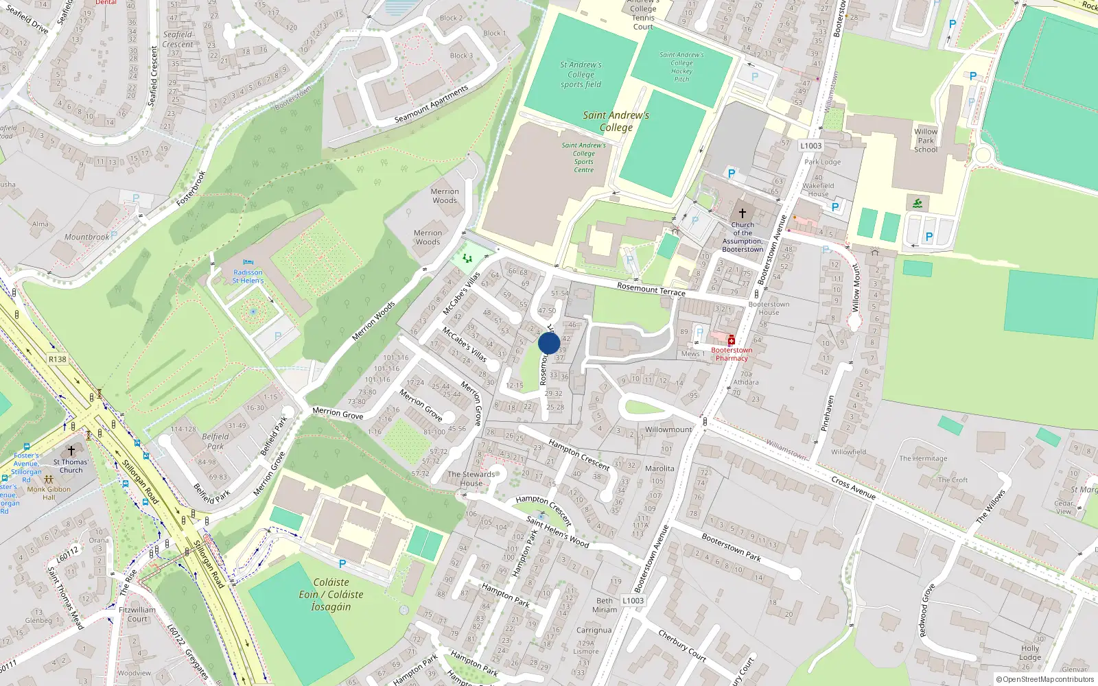 Overhead map showing the location of 31 Rosemount Court, Booterstown