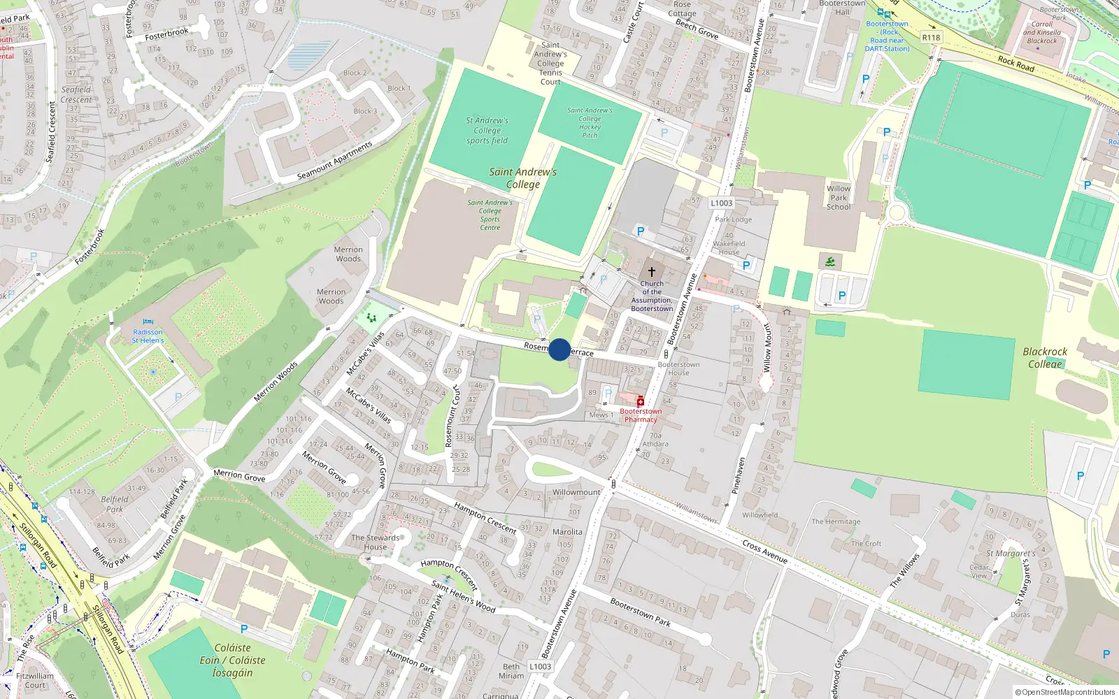 Overhead map showing the location of 31 Rosemount Terrace, Booterstown
