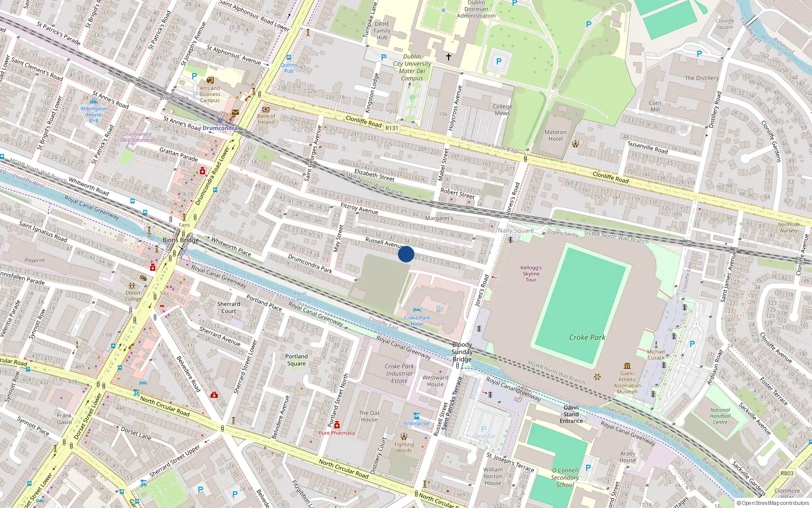Overhead map showing the location of 31 Russell Avenue, Clonliffe Road, Drumcondra Dublin 3