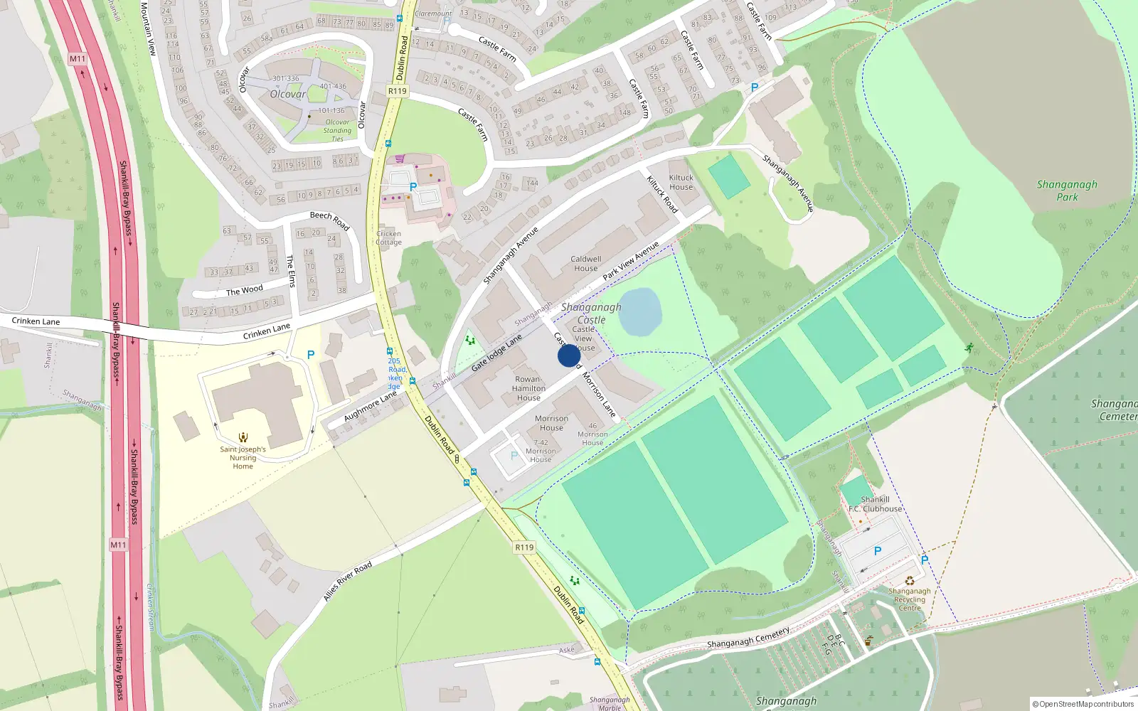 Overhead map showing the location of 6VFH+Q4, Shankill, Dublin