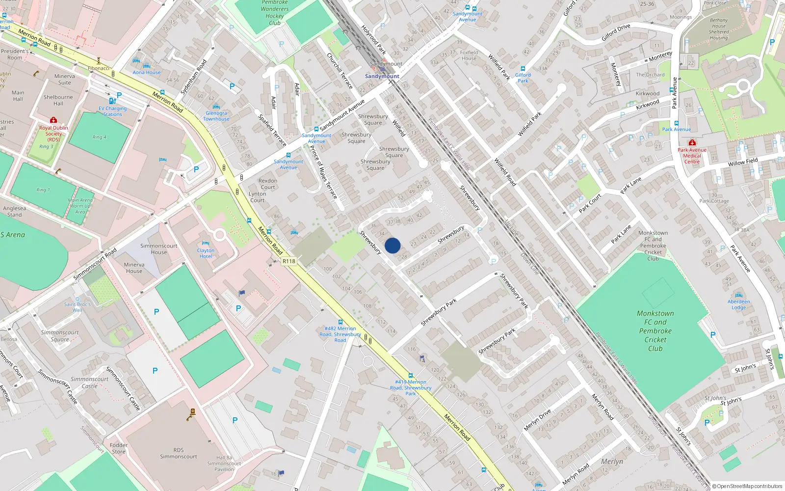 Overhead map showing the location of 31 Shrewsbury, Ballsbridge