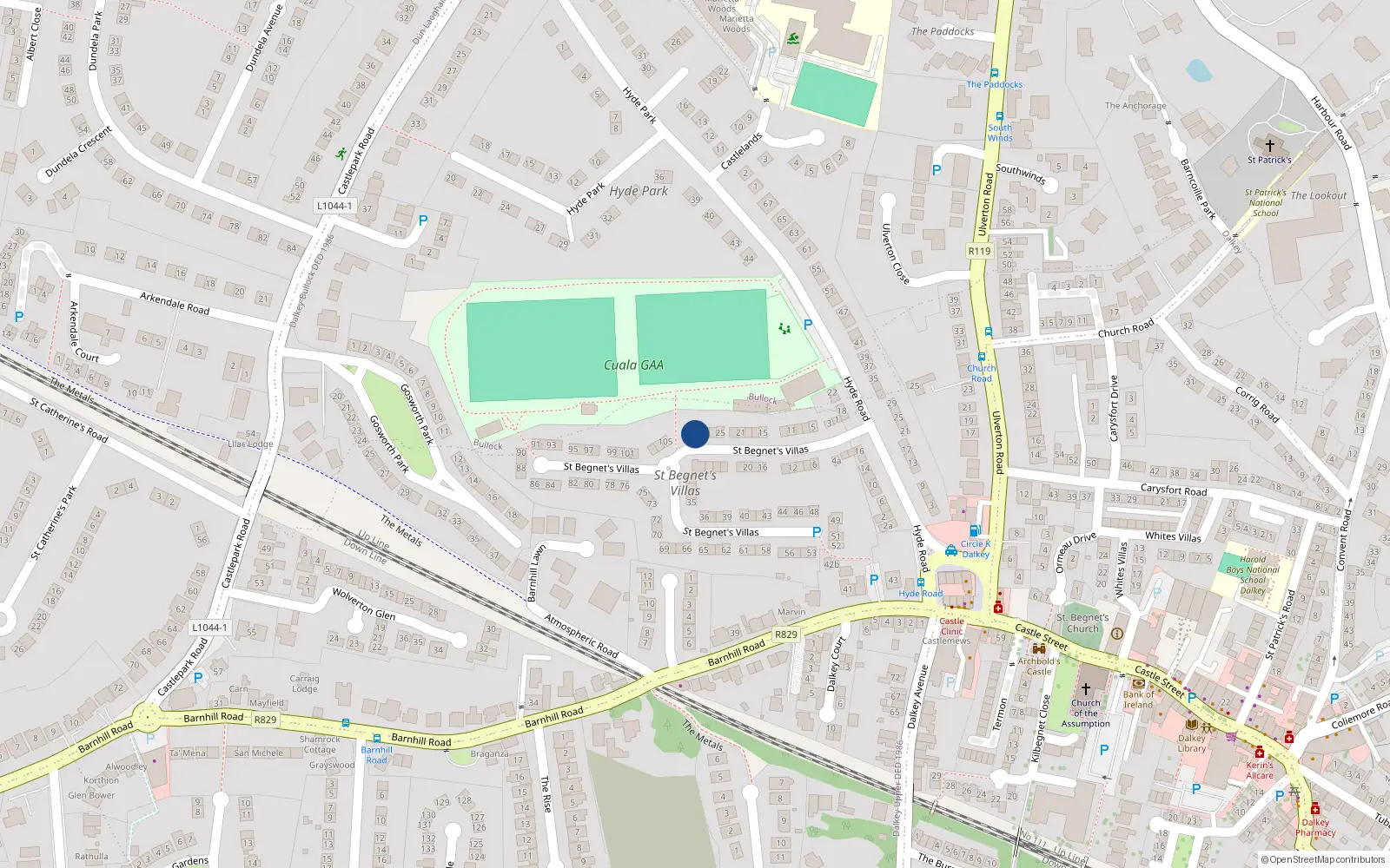 Overhead map showing the location of 31 St Begnets Villas, Dalkey, Dublin