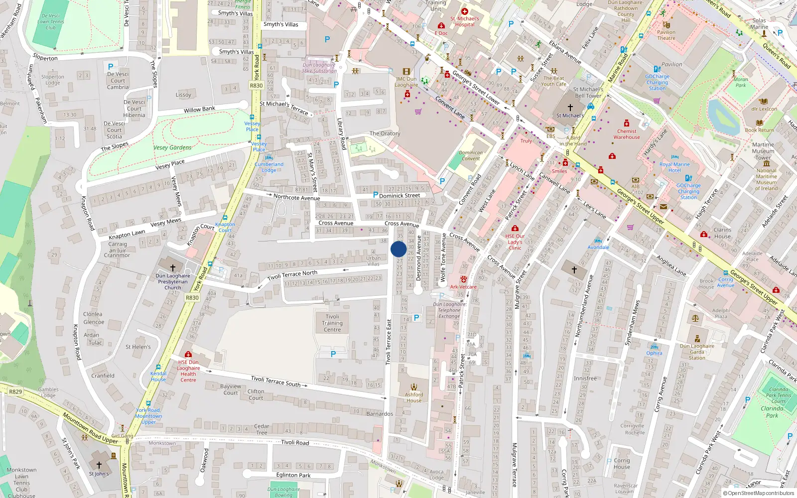 Overhead map showing the location of 31 Tivoli Terrace East, Dun Laoghaire, Dublin