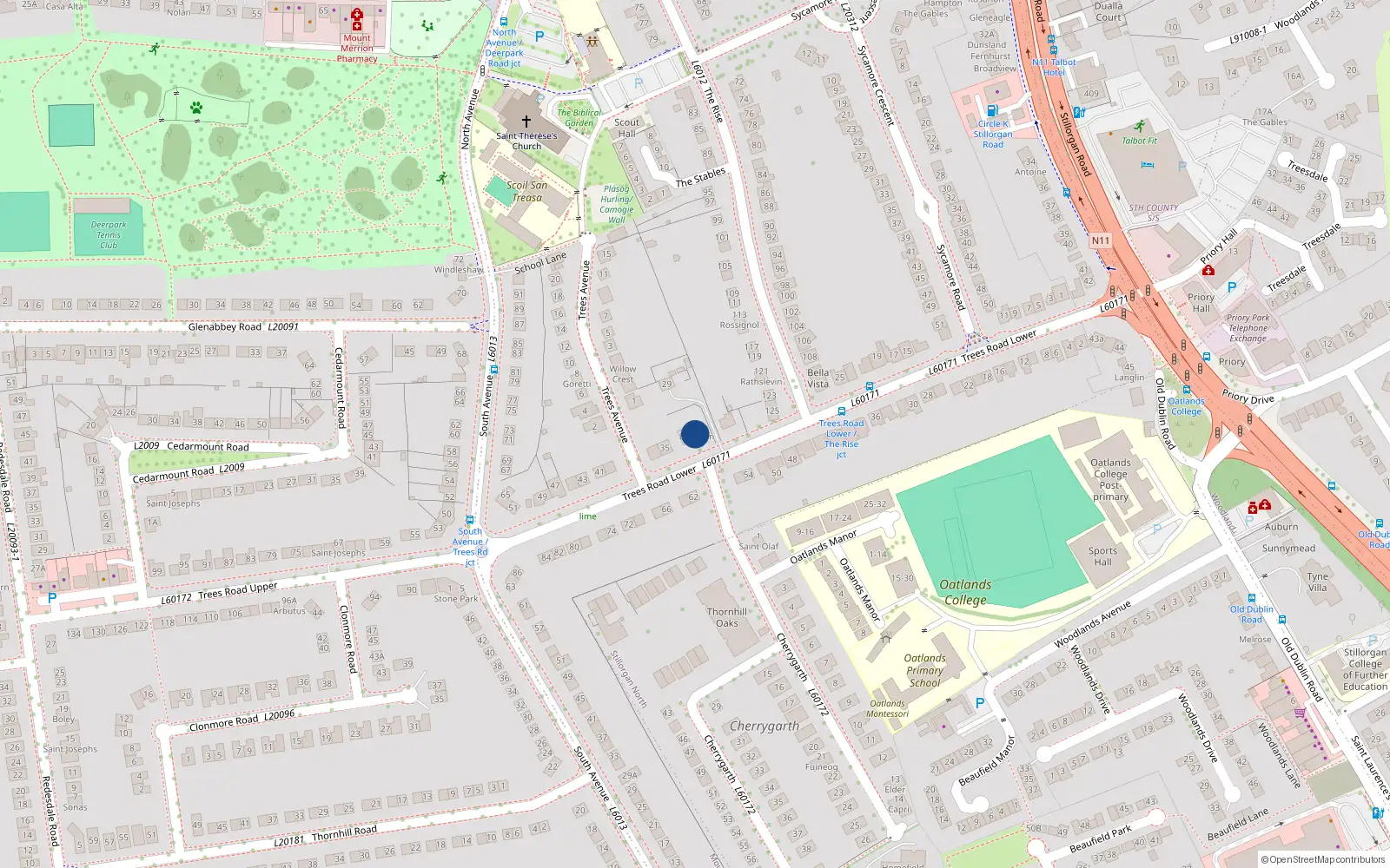 Overhead map showing the location of 31 Trees Road, Mount Merrion, Blackrock