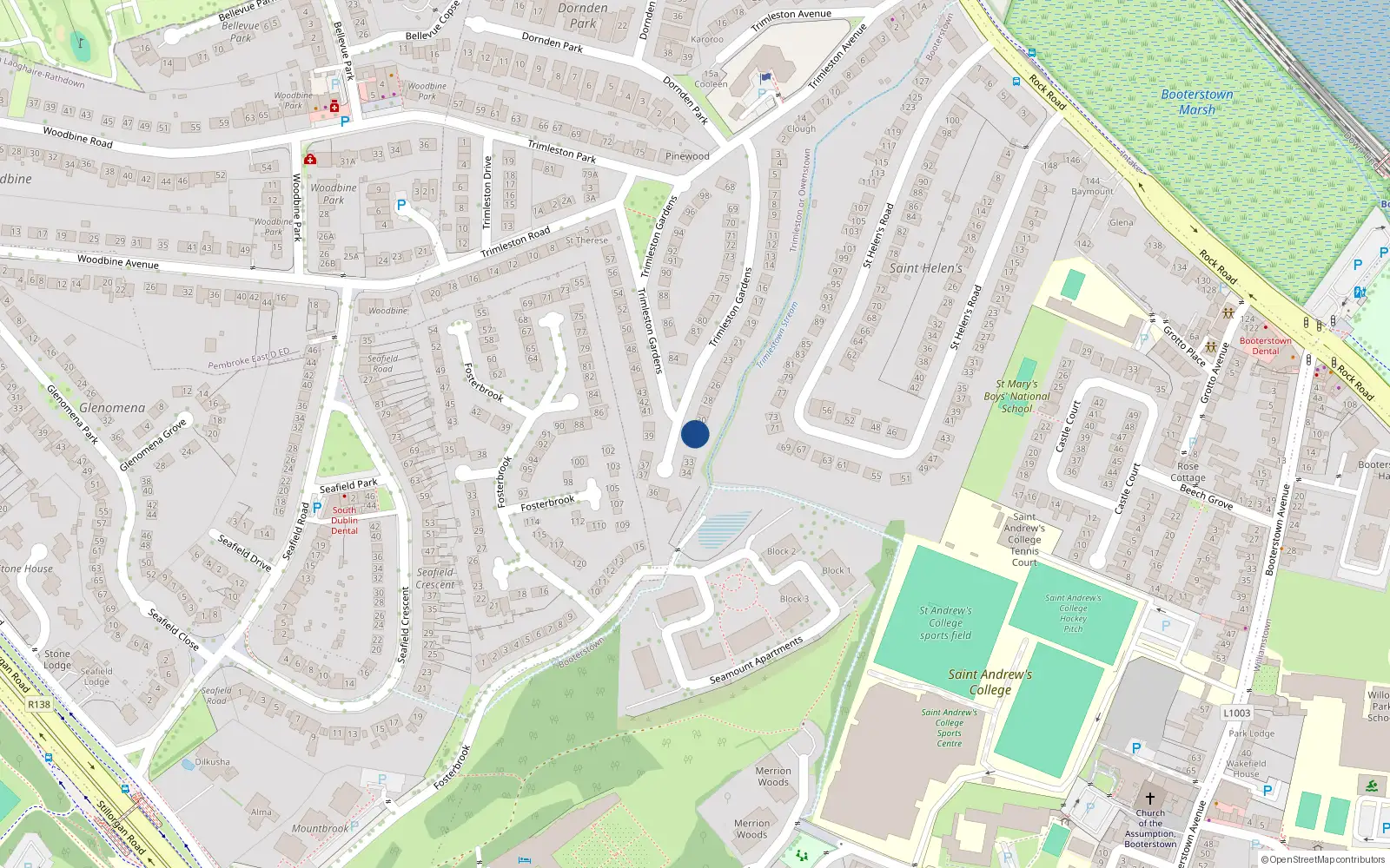 Overhead map showing the location of 31 Trimleston Gardens, Booterstown, Blackrock