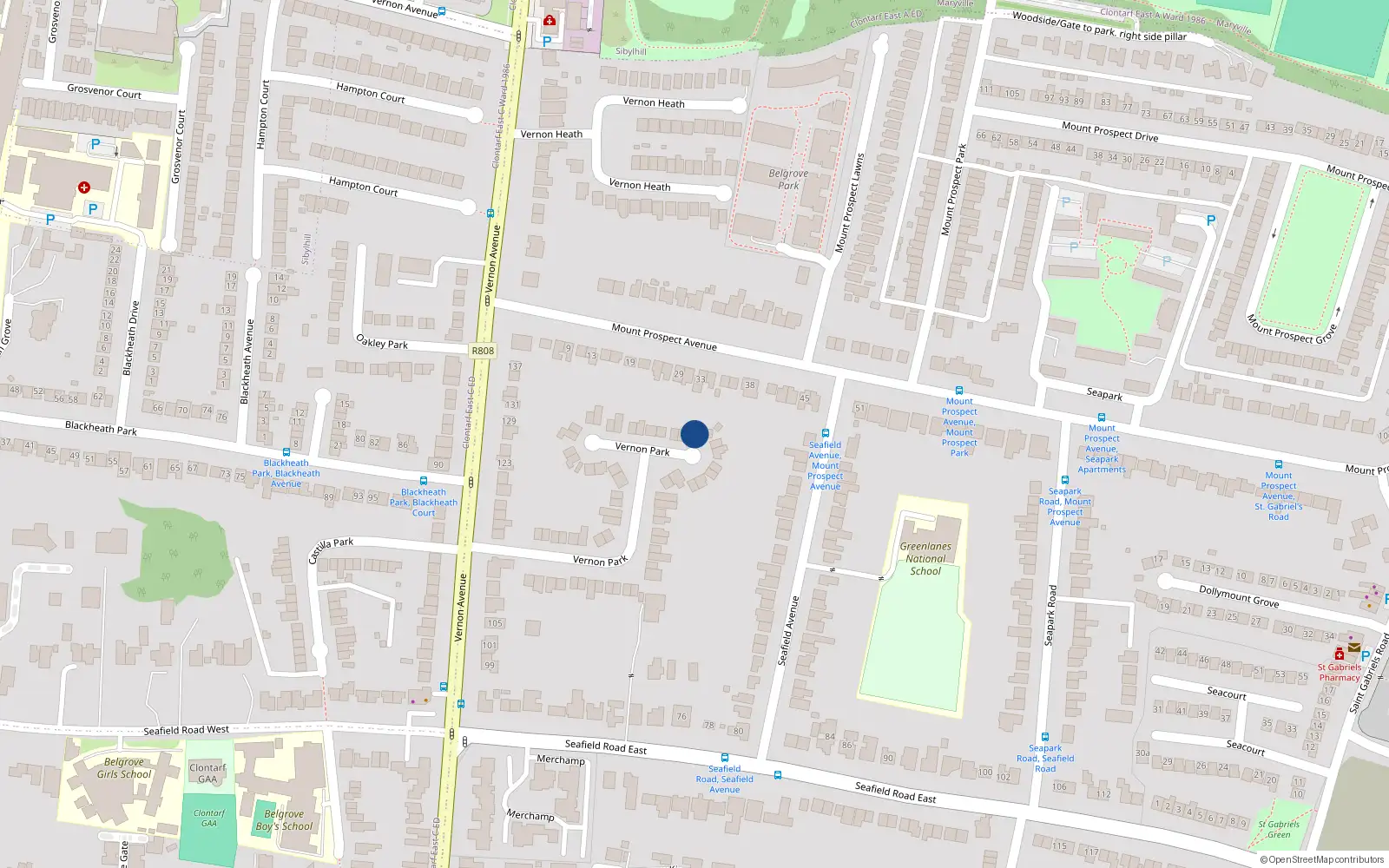 Overhead map showing the location of 31 Vernon Park, Clontarf, Dublin 3