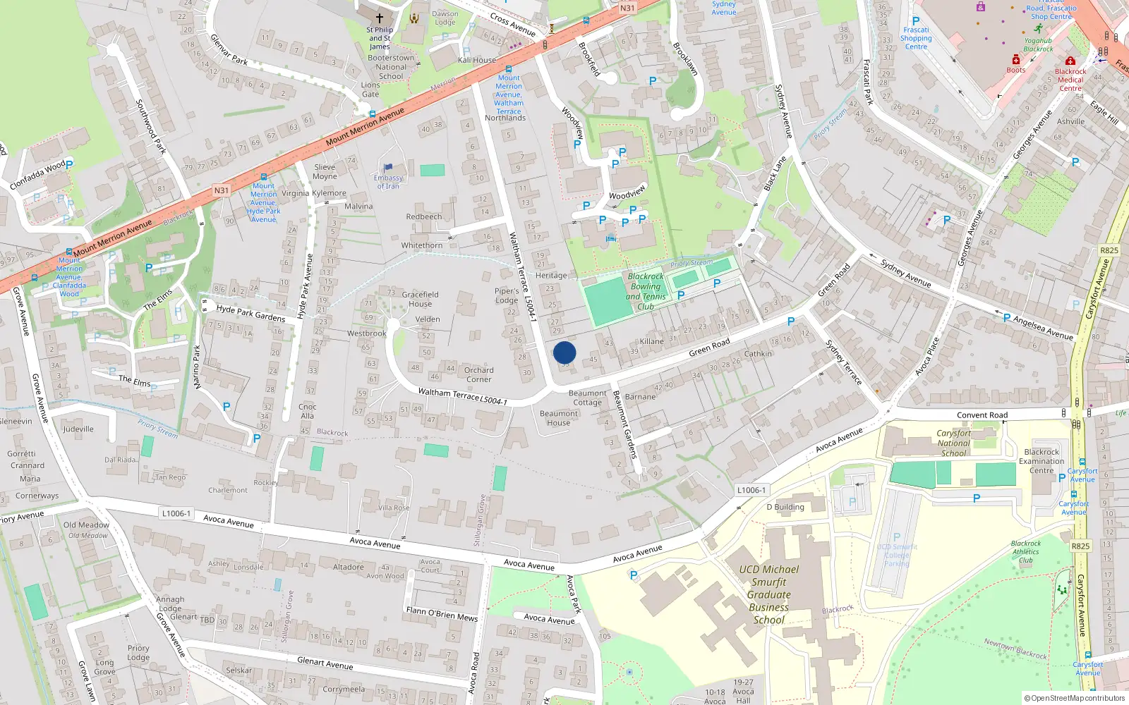 Overhead map showing the location of 31 Waltham Terrace, Blackrock