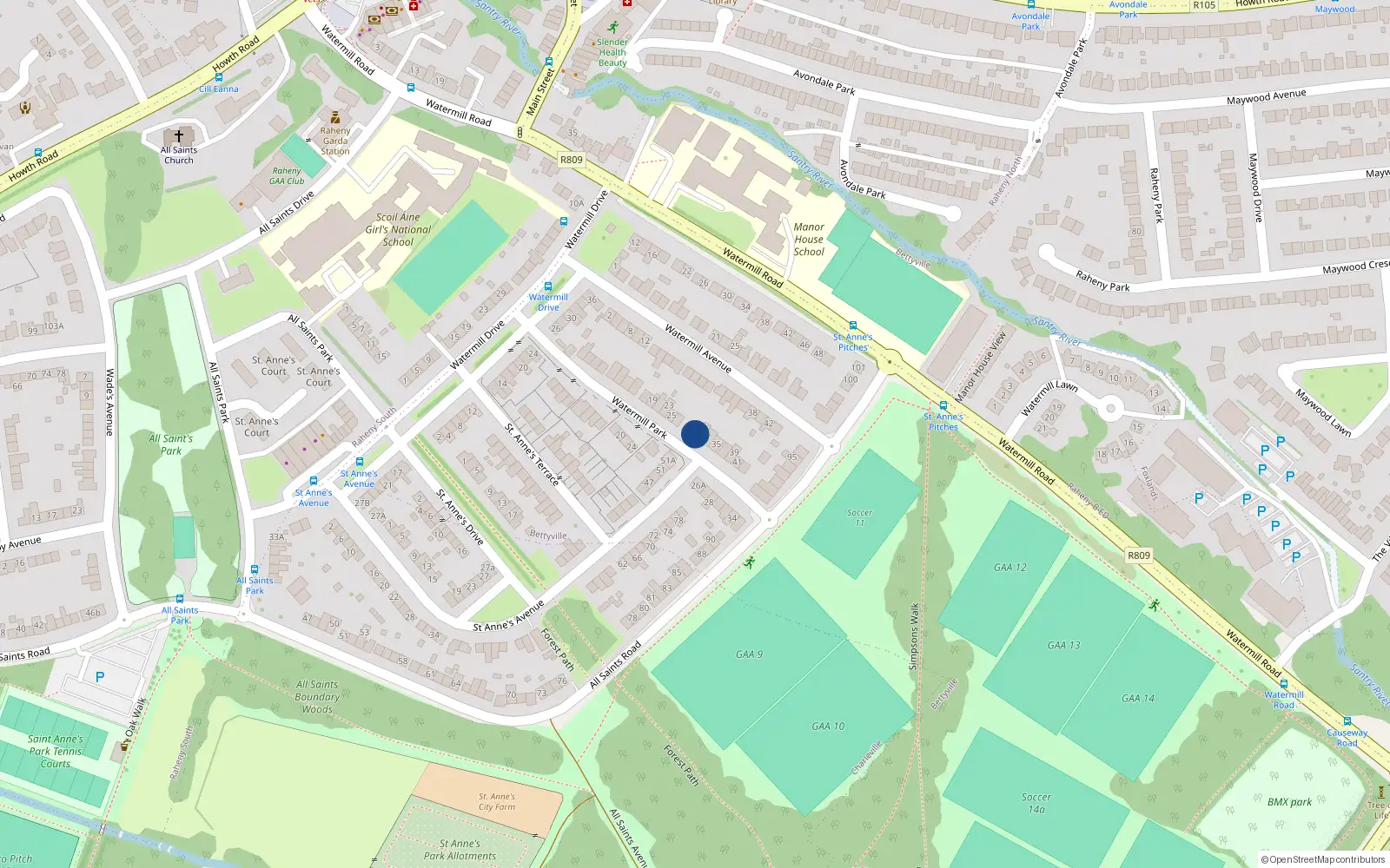Overhead map showing the location of 31 Watermill Park, Raheny, Dublin 5