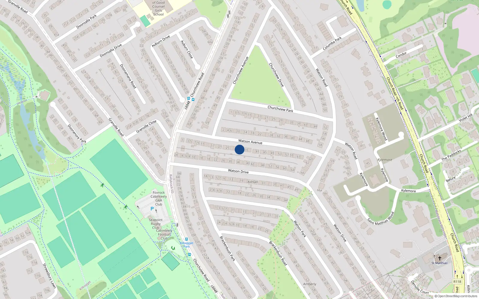Overhead map showing the location of 31 Watson Avenue, Killiney