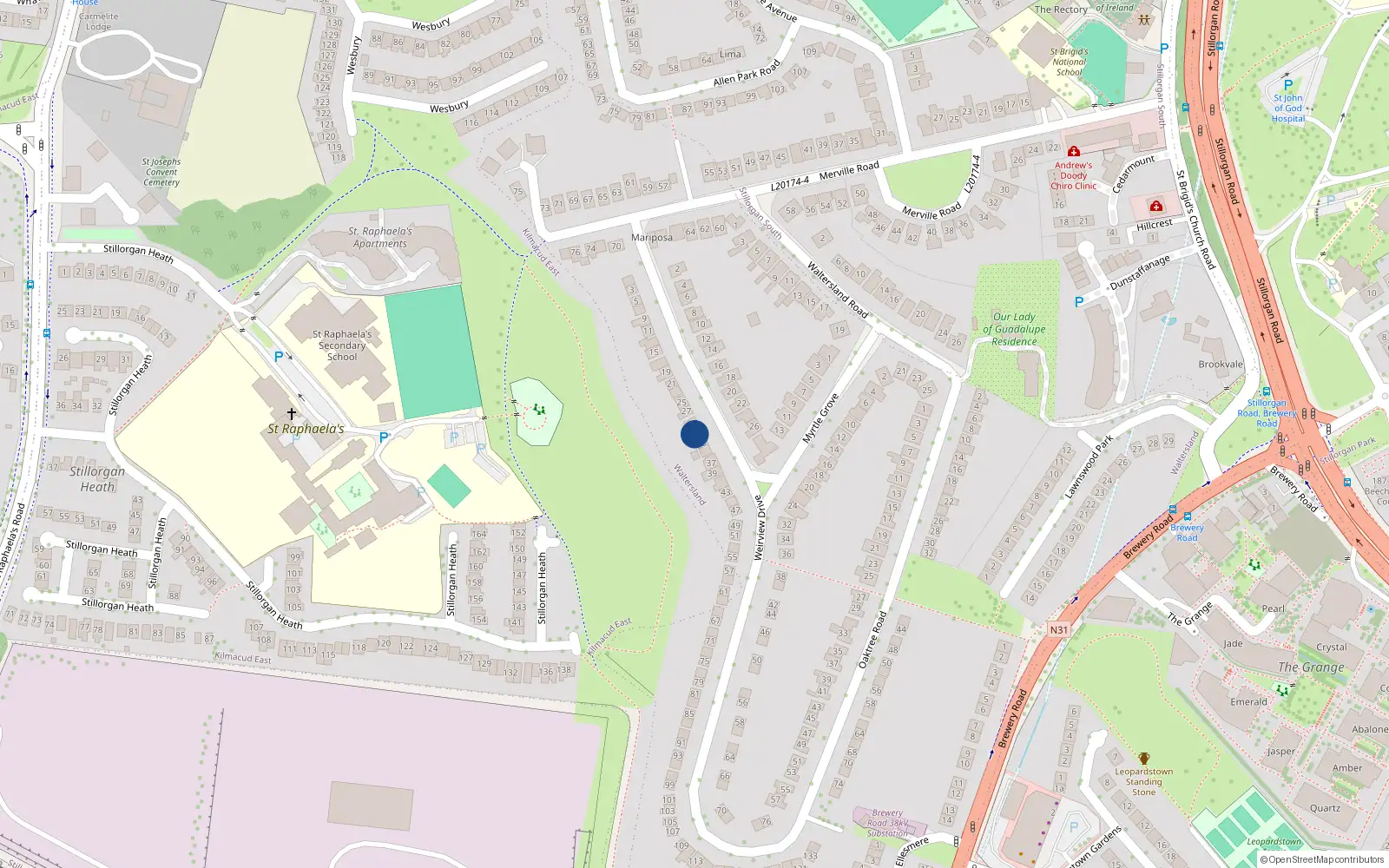 Overhead map showing the location of 31 Weirview Drive, Dublin