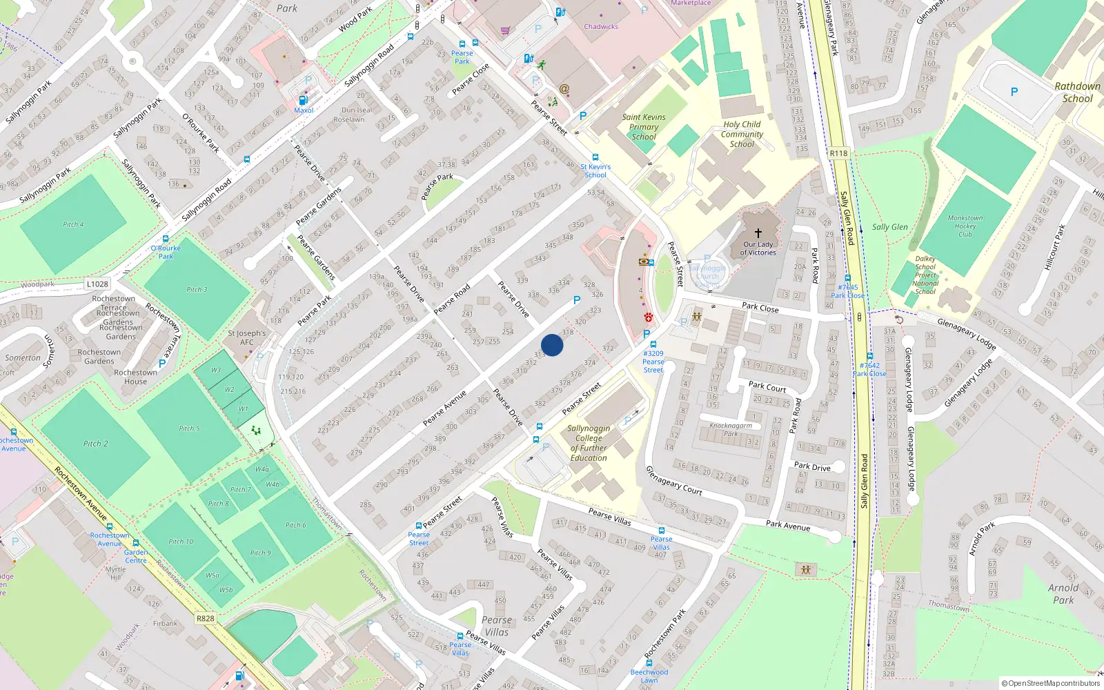 Overhead map showing the location of 316 Pearse Avenue, Sallynoggin