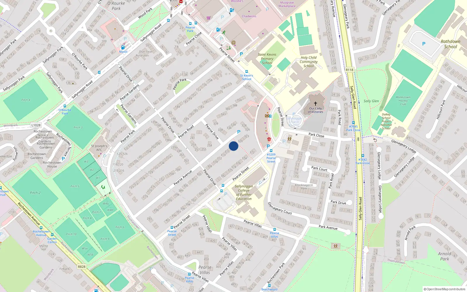 Overhead map showing the location of 318 Pearse Avenue, Sallynoggin
