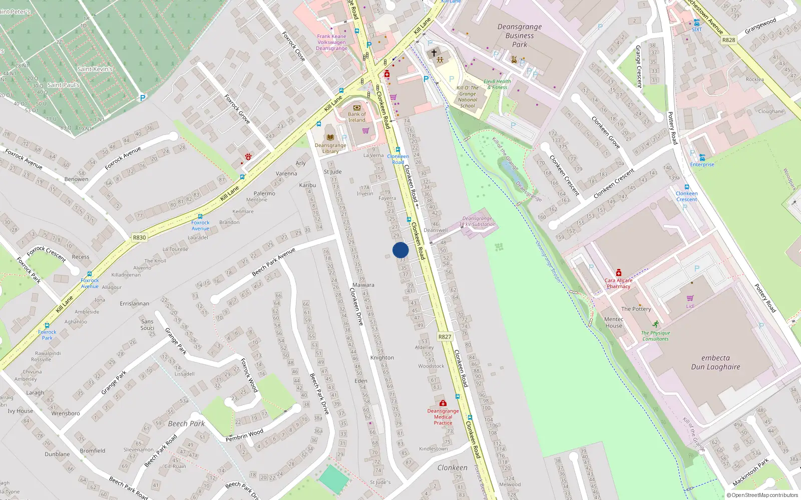 Overhead map showing the location of 31A Clonkeen Road, Deans Grange, Blackrock
