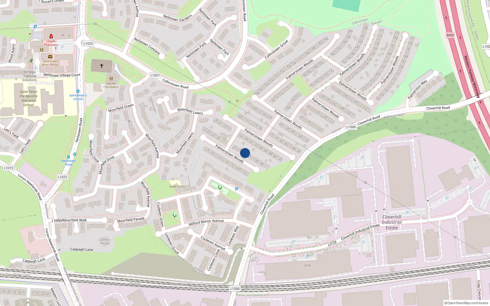 Overhead map showing the location of 31palmerstown Woods, Clondalkin