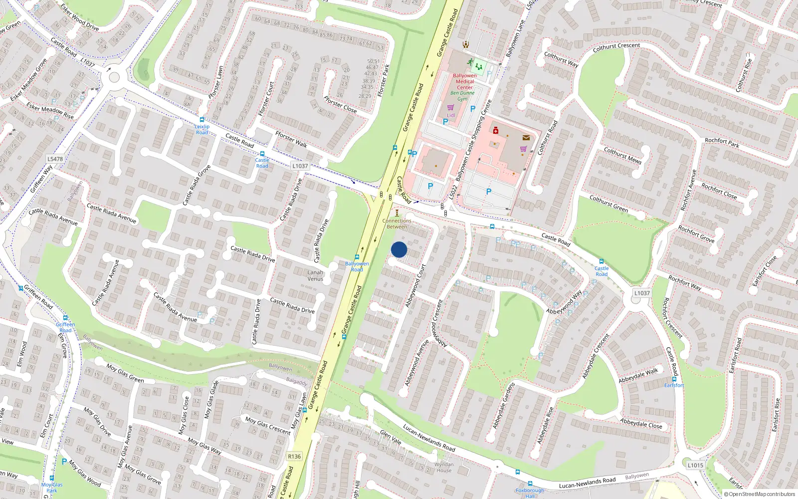 Overhead map showing the location of 32 Abbeywood Court, Lucan