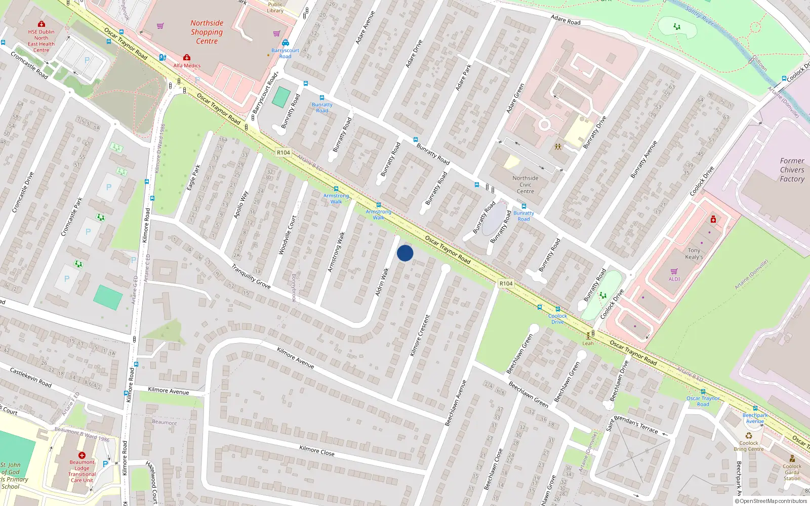 Overhead map showing the location of 32 Aldrin Walk, Coolock, Dublin 5