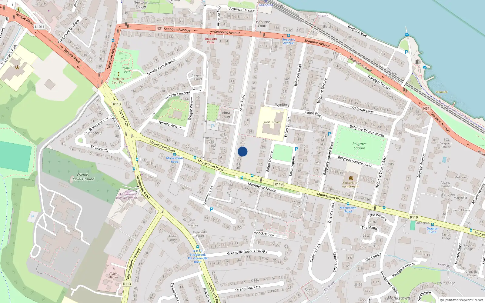 Overhead map showing the location of 32 Alma Road, Monkstown