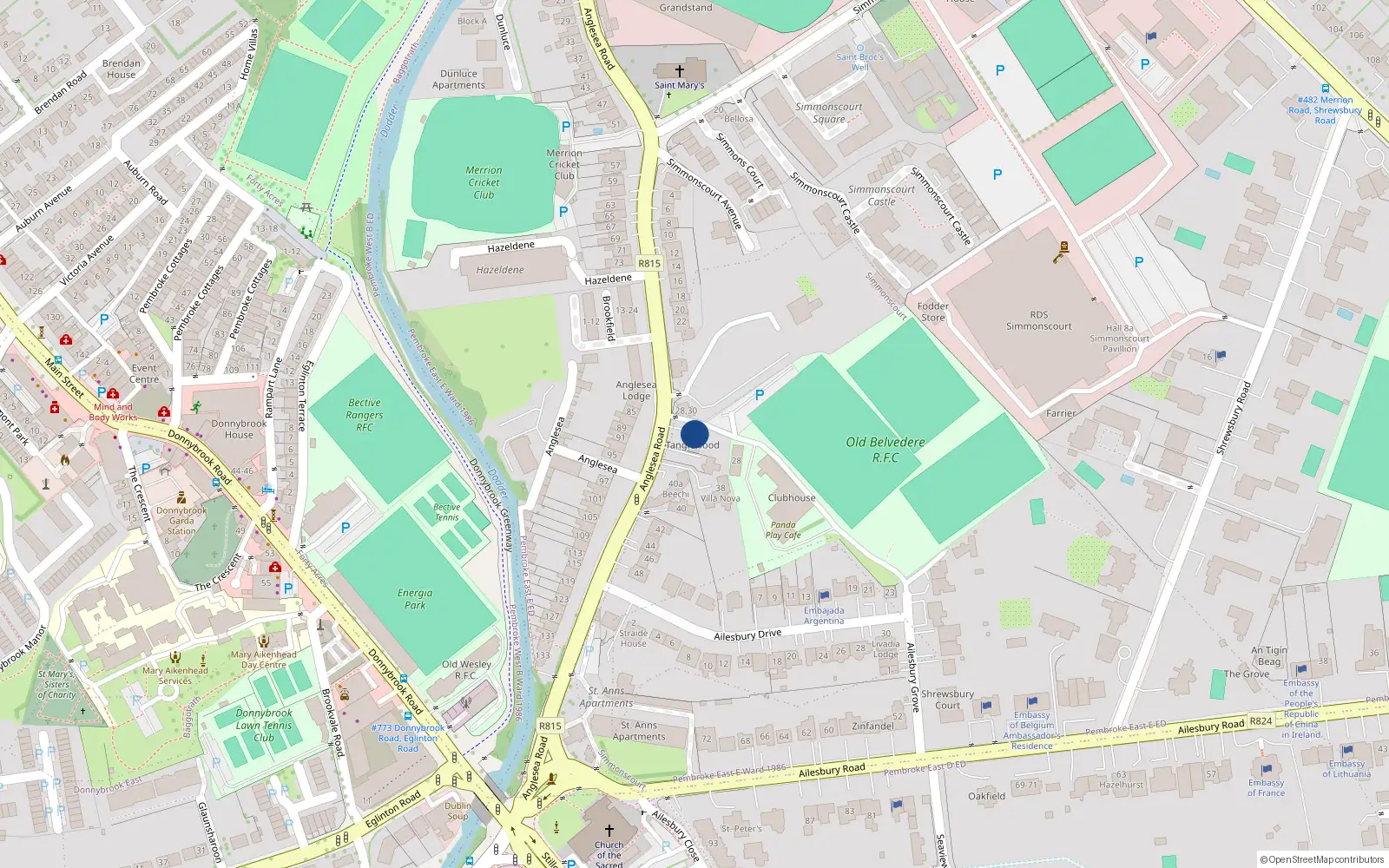 Overhead map showing the location of 32 Anglesea Road, Ballsbridge