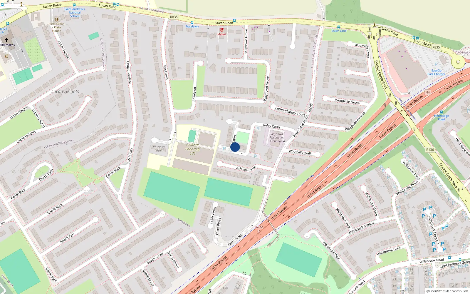 Overhead map showing the location of 32 Anley Court, Esker Lane, Lucan
