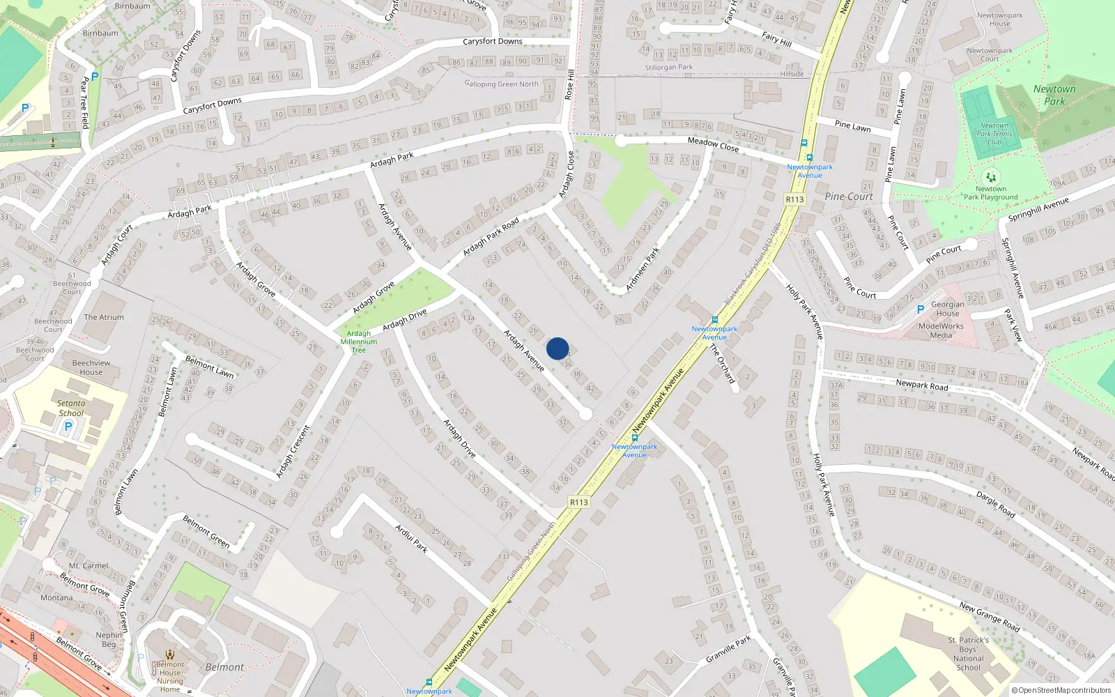 Overhead map showing the location of 32 Ardagh Avenue, Blackrock
