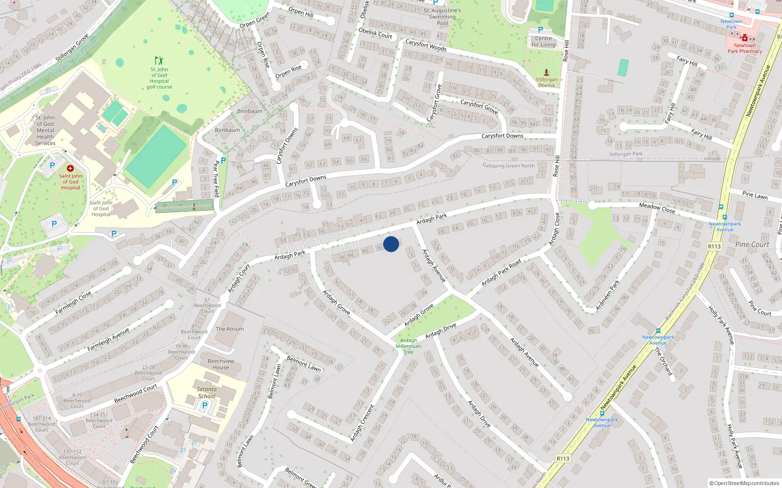 Overhead map showing the location of 32 Ardagh Park, Blackrock