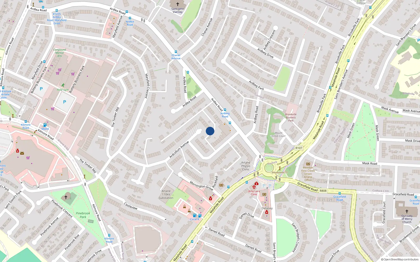 Overhead map showing the location of 32 Ardcollum Avenue, Artane, Dublin 5