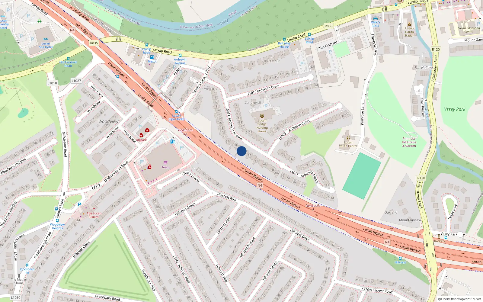 Overhead map showing the location of 32 Ardeevin Avenue, Lucan, Dublin