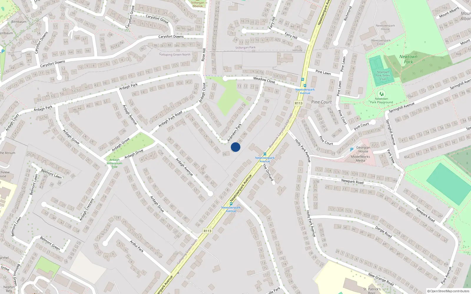 Overhead map showing the location of 32 Ardmeen Park, Blackrock