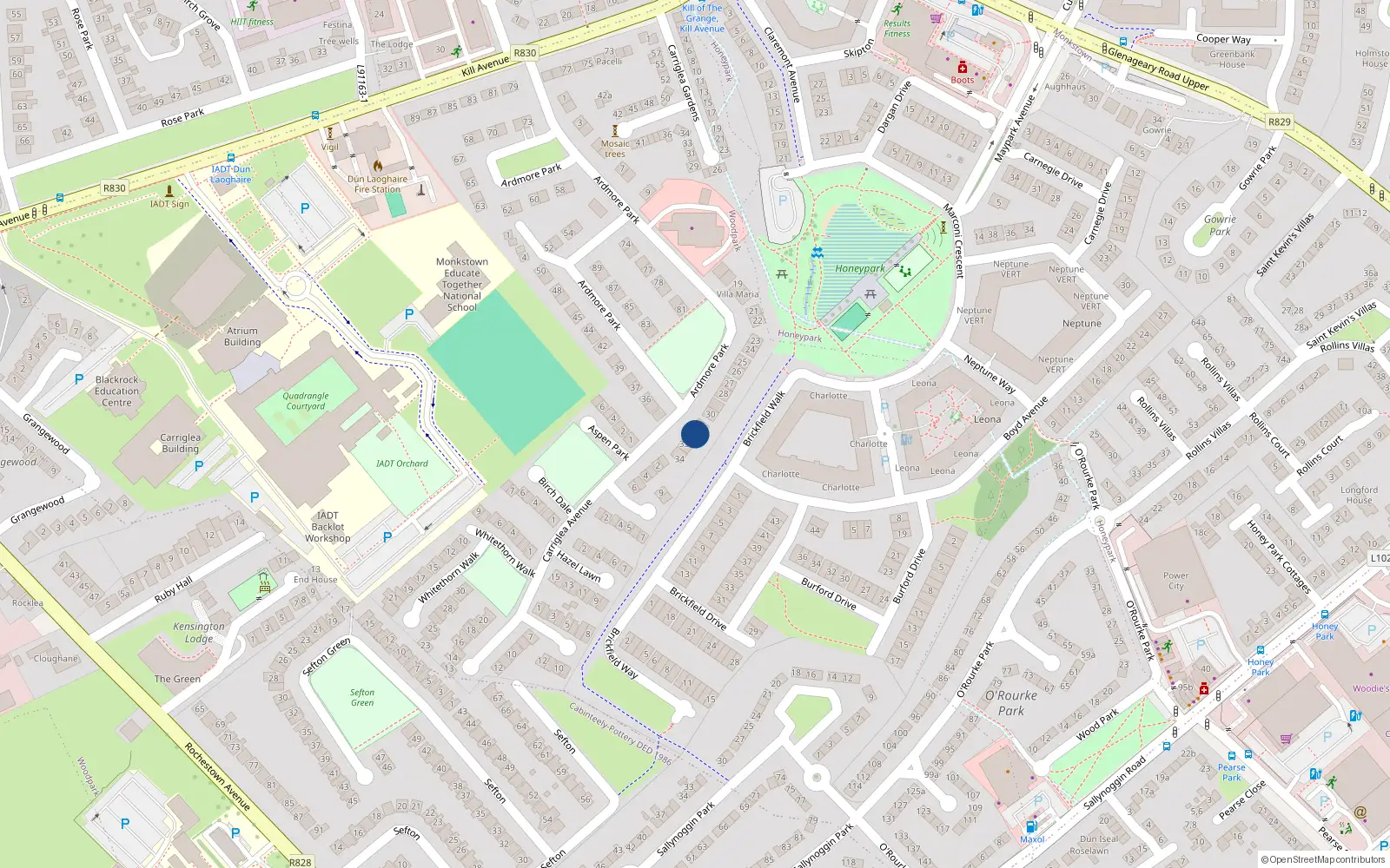 Overhead map showing the location of 32 Ardmore Park, Kill Avenue, Dun Laoghaire
