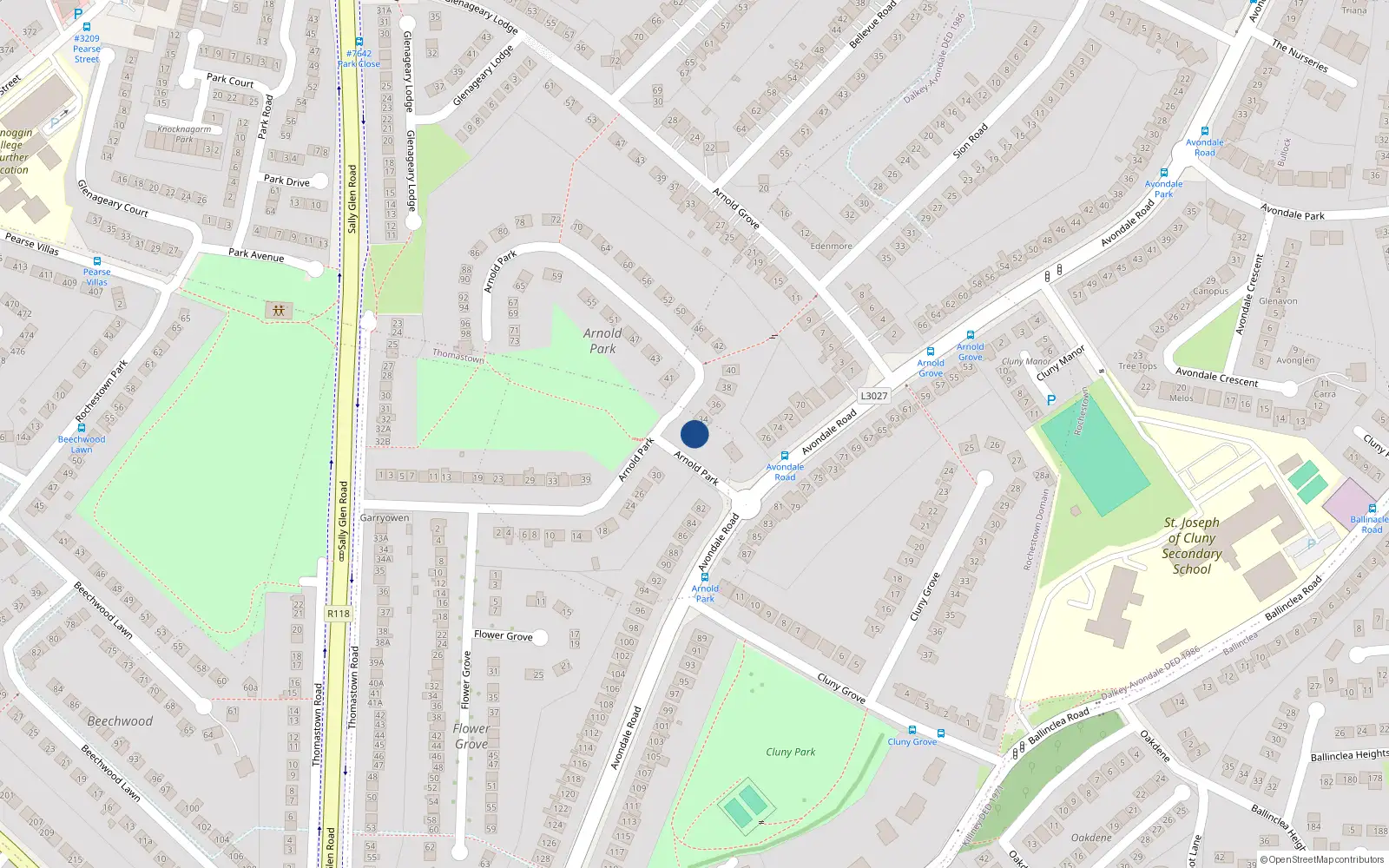 Overhead map showing the location of 32 Arnold Park, Dun Laoghaire