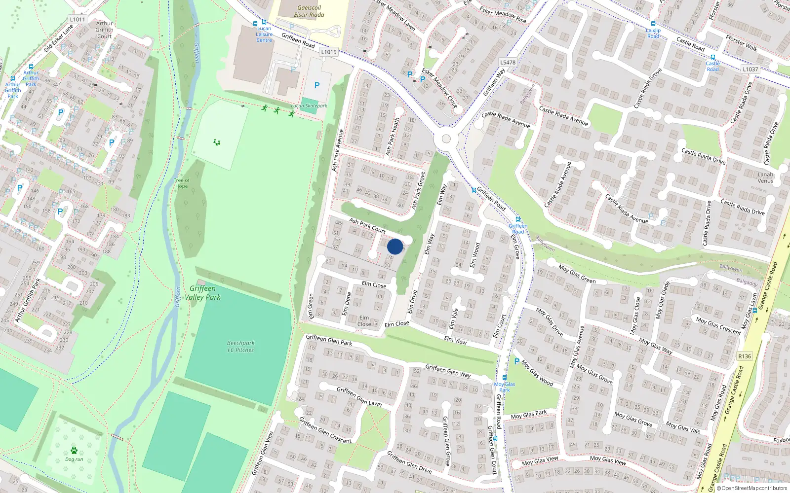 Overhead map showing the location of 32 Ash Park Court, Lucan