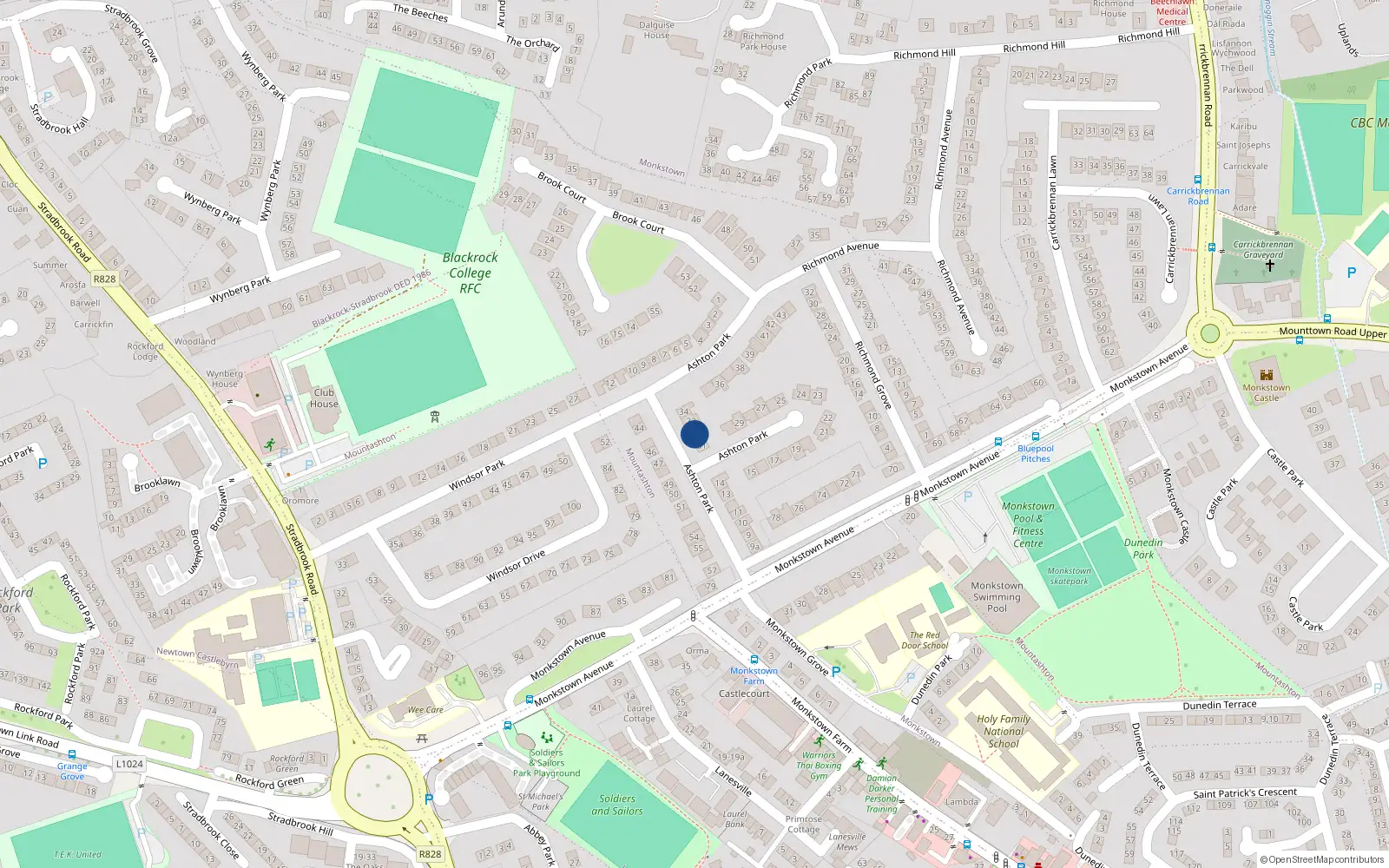 Overhead map showing the location of 32 Ashton Park, Monkstown