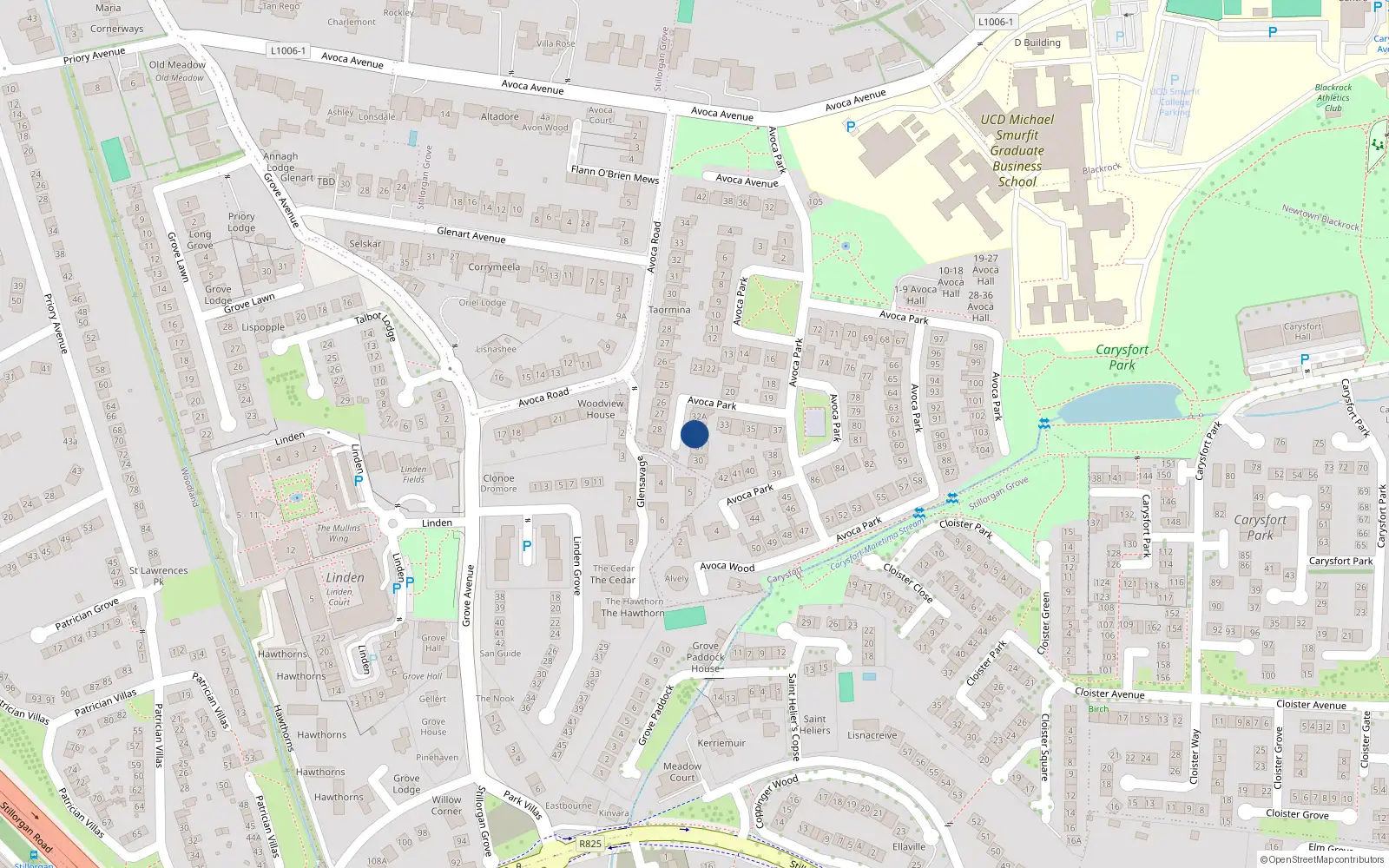Overhead map showing the location of 32 Avoca Park, Blackrock, Dublin