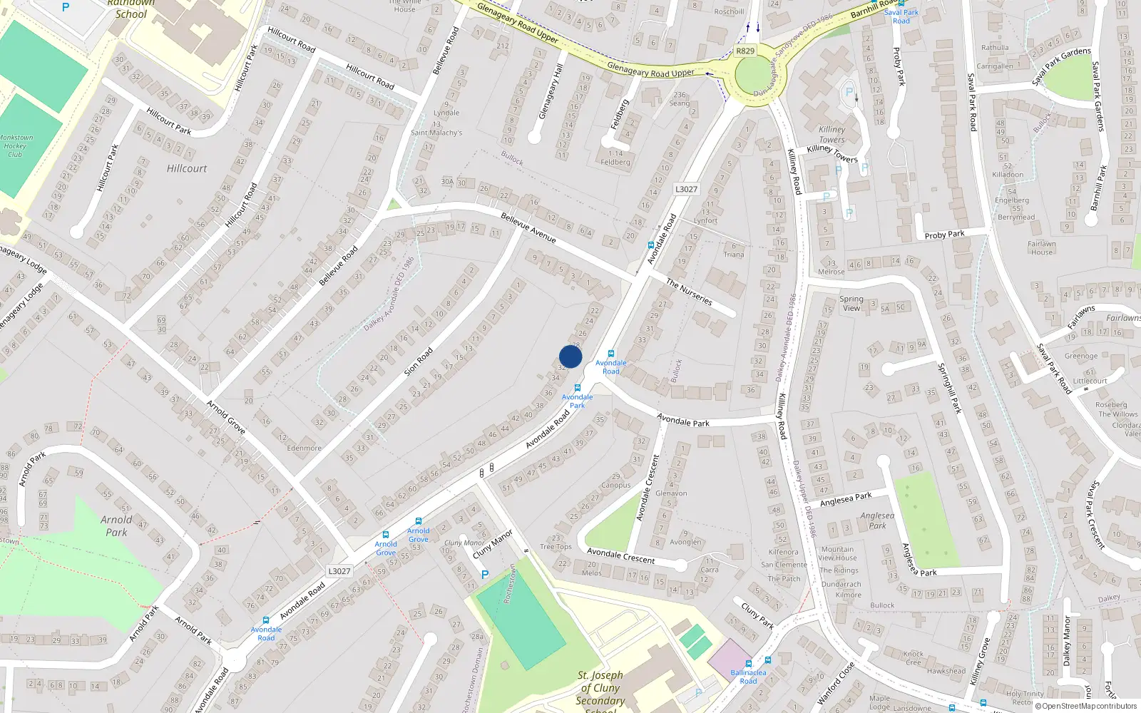 Overhead map showing the location of 32 Avondale Road, Killiney