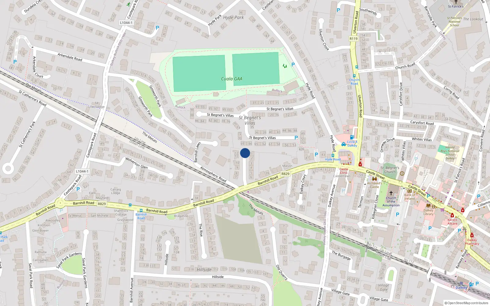 Overhead map showing the location of 32 Barnhill Grove, Dalkey