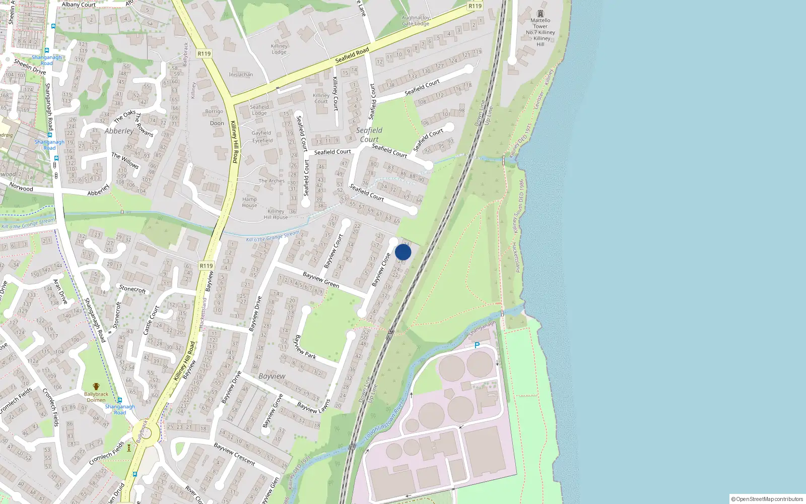 Overhead map showing the location of 32 Bayview Close, Killiney, Dublin