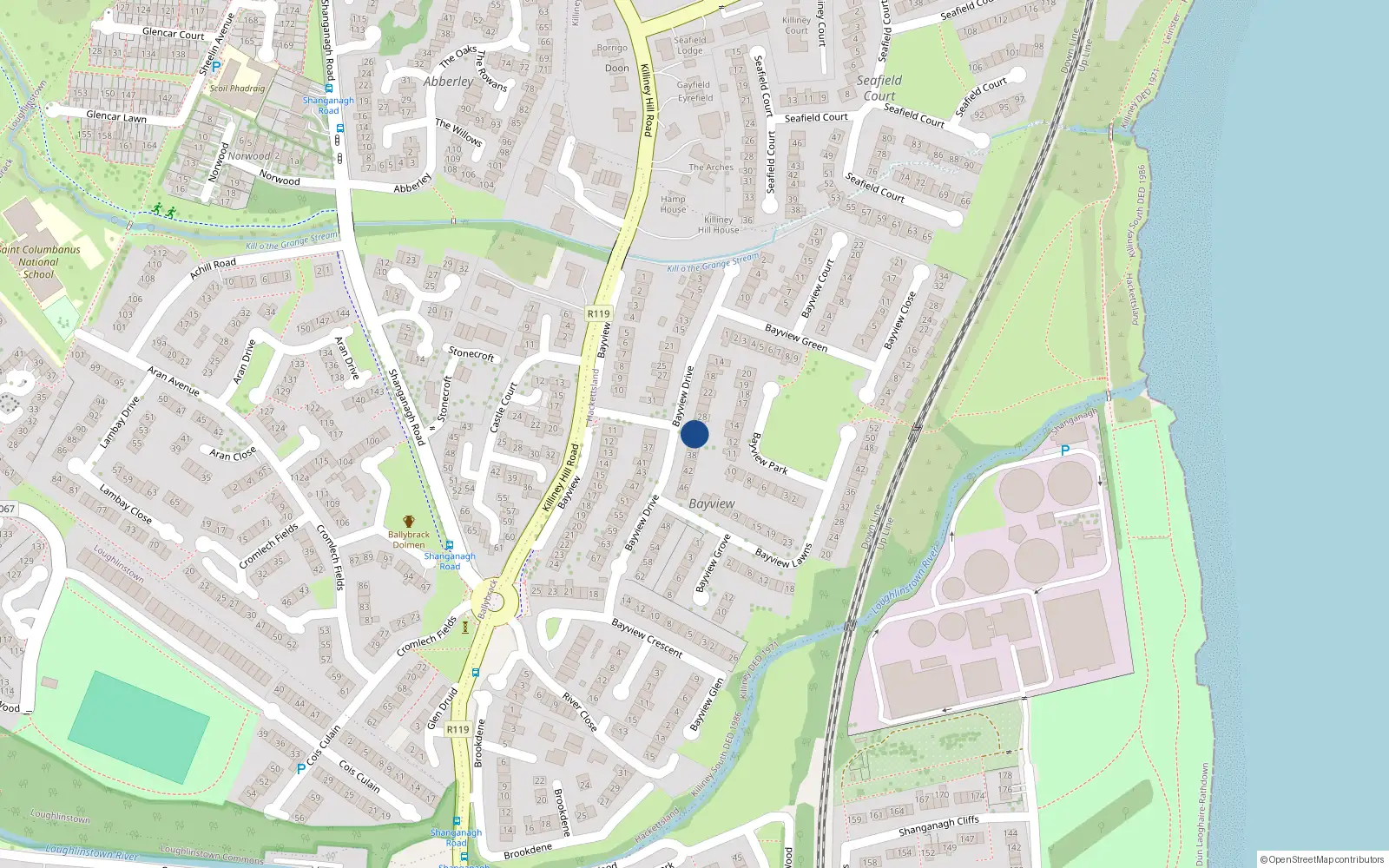 Overhead map showing the location of 32 Bayview Drive, Killiney, Dublin