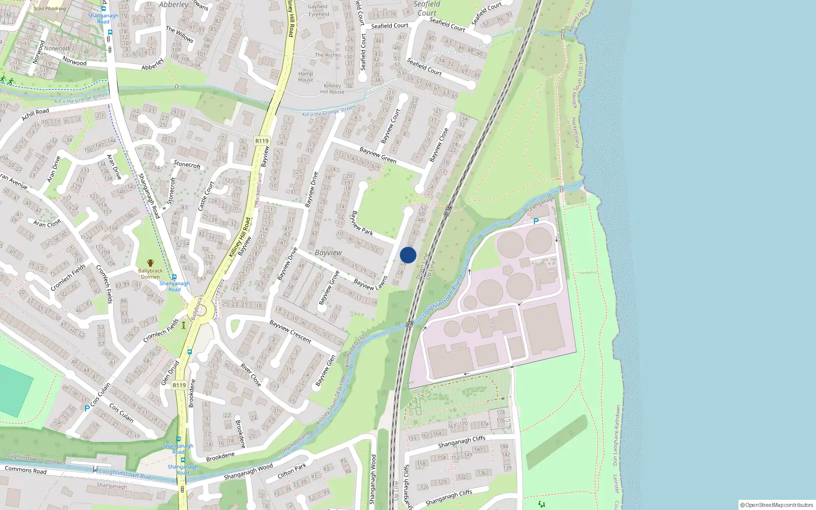 Overhead map showing the location of 32 Bayview Lawns, Killiney