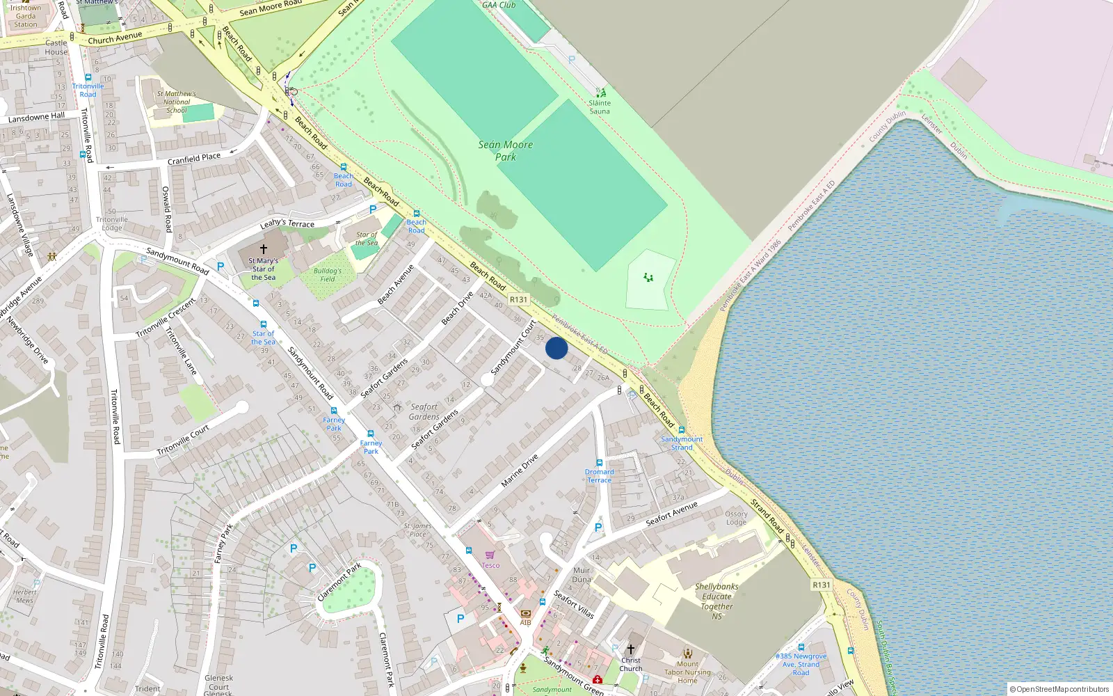 Overhead map showing the location of 32 Beach Road, Sandymount