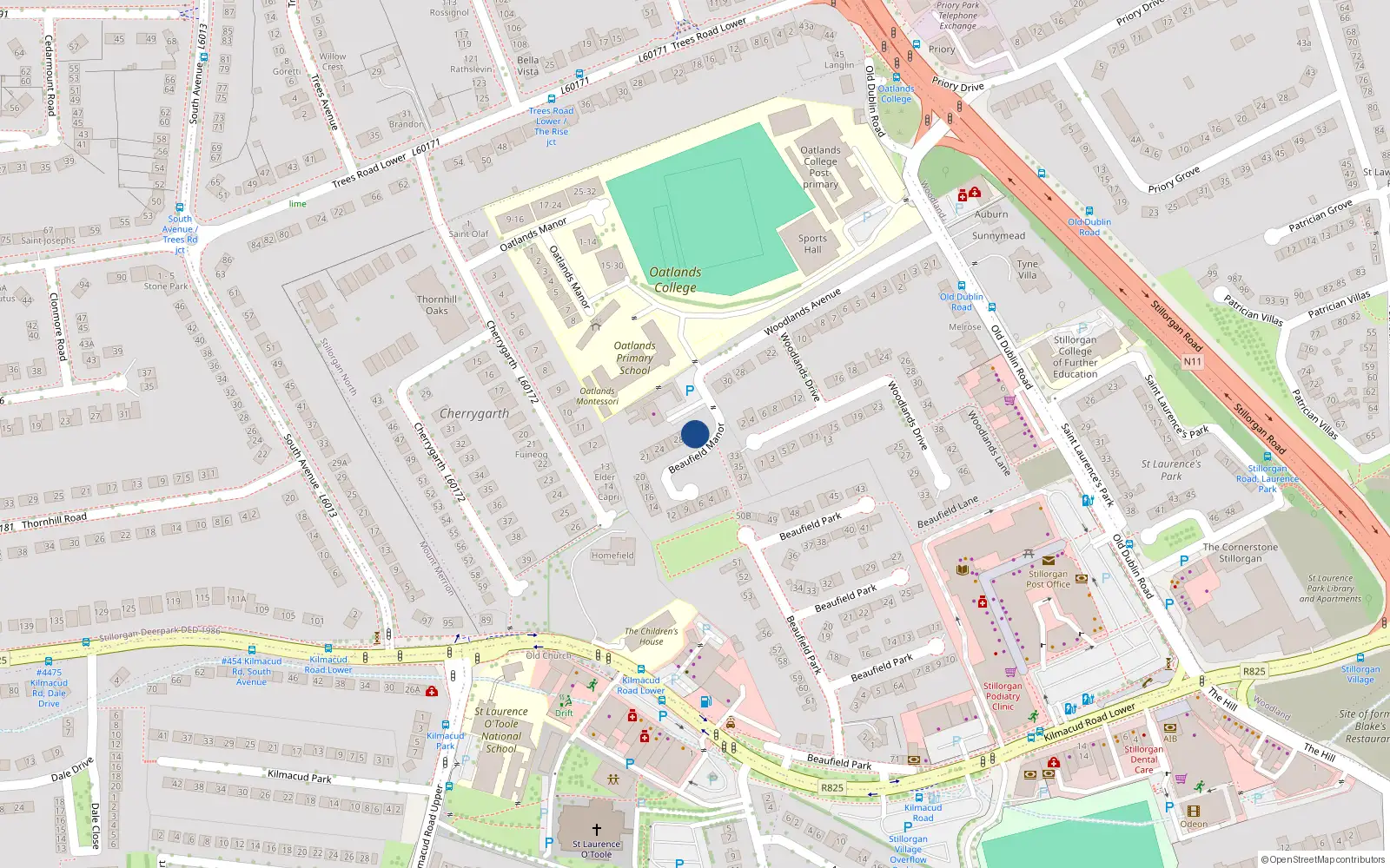 Overhead map showing the location of 32 Beaufield Manor, Stillorgan, Dublin