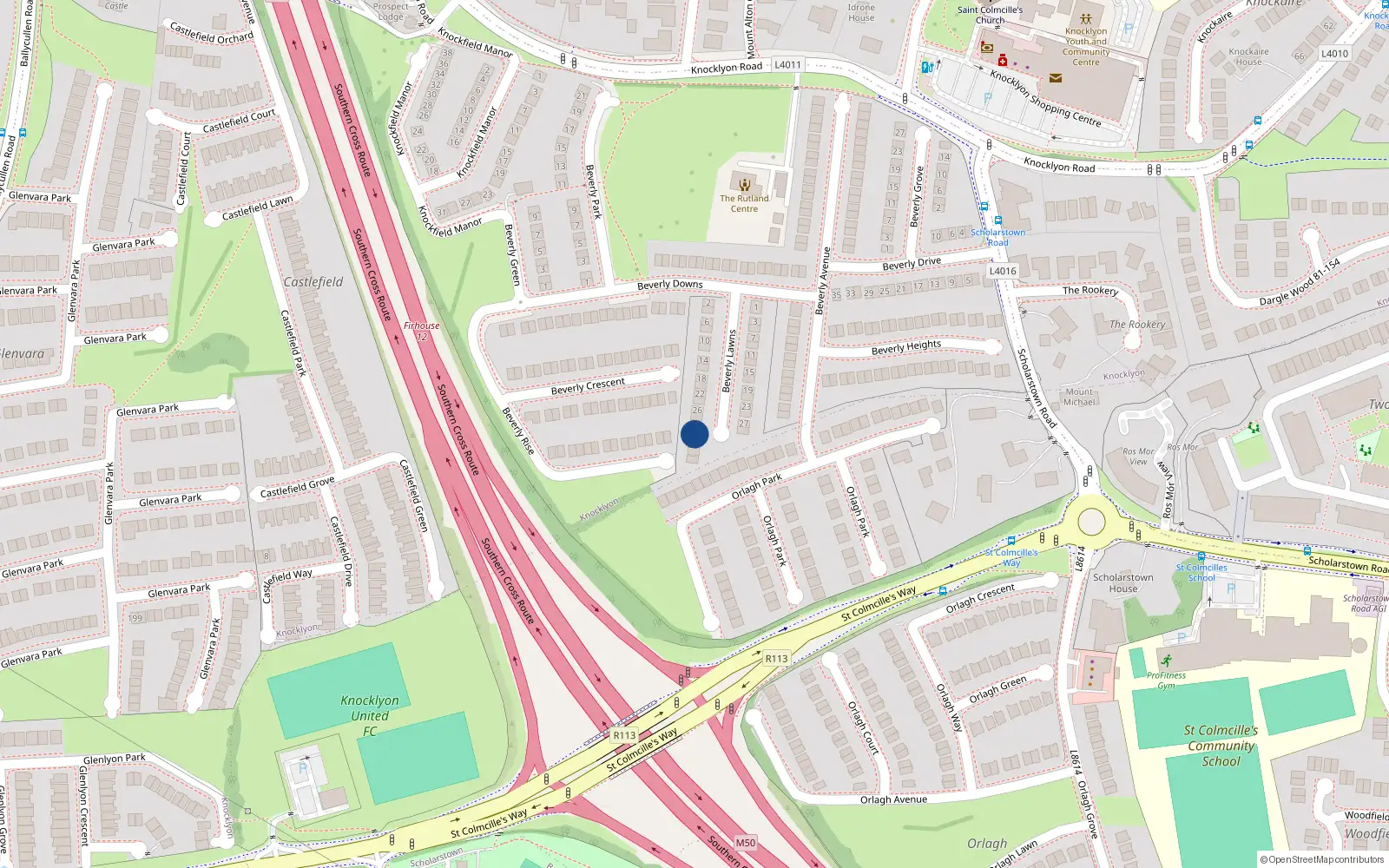 Overhead map showing the location of 32 Beverly Lawns, Knocklyon