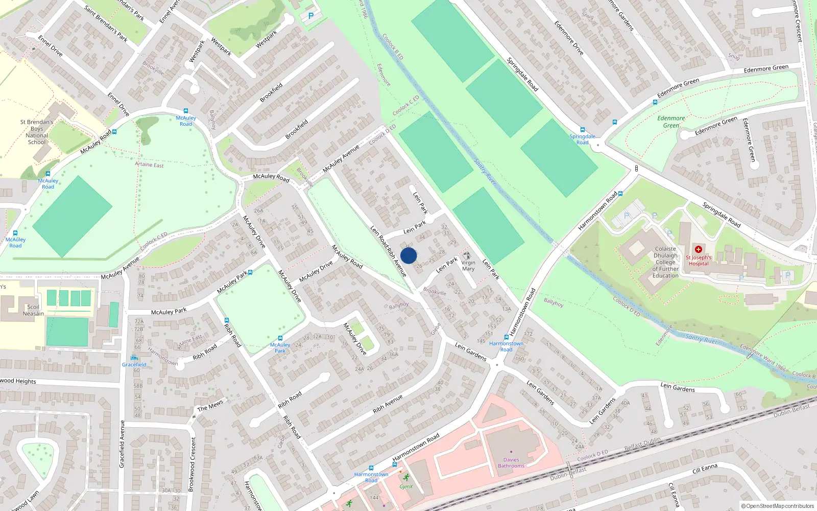 Overhead map showing the location of 32 Lein Road, Dublin 5