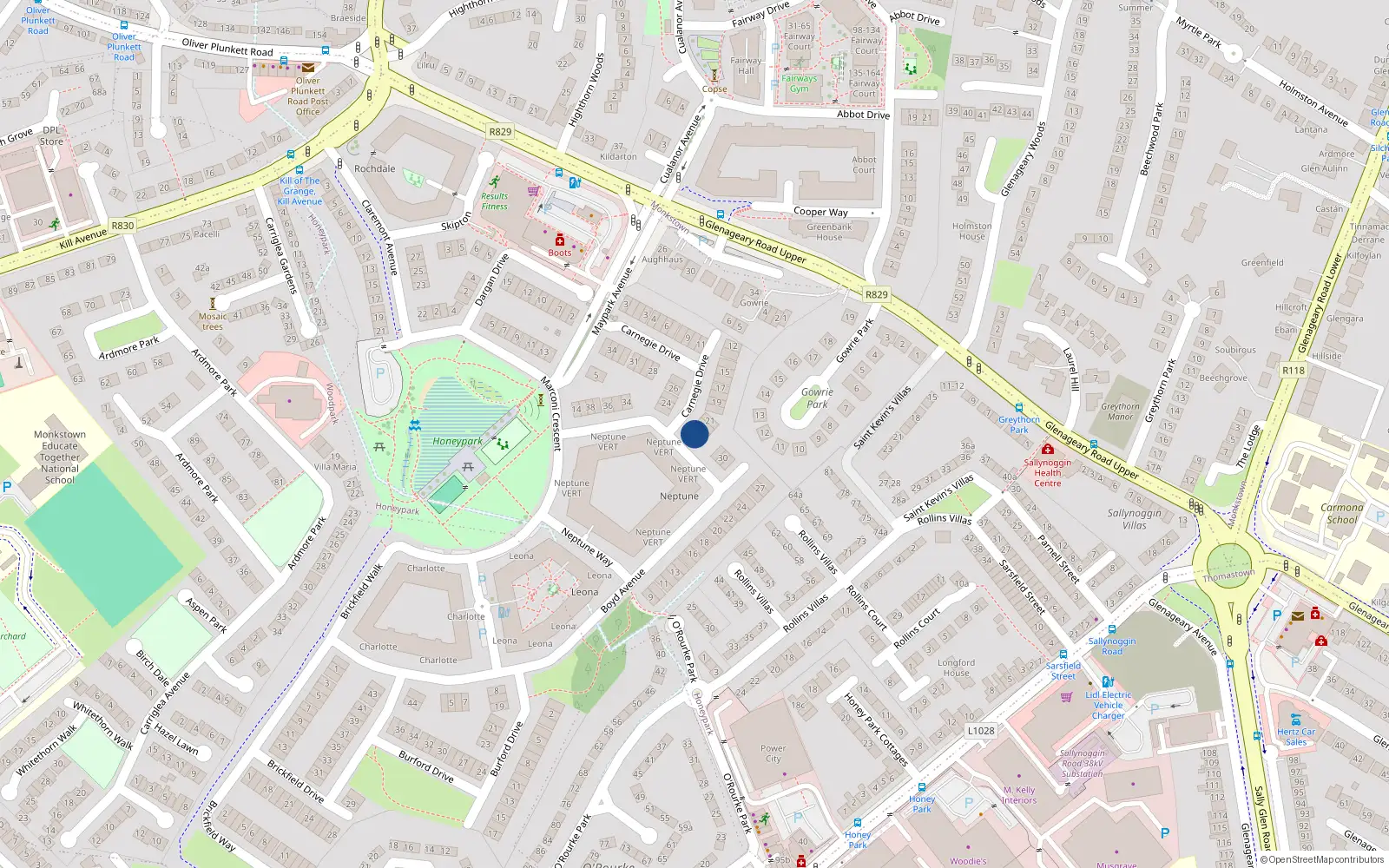 Overhead map showing the location of 32 Boyd Avenue, Dun Laoghaire