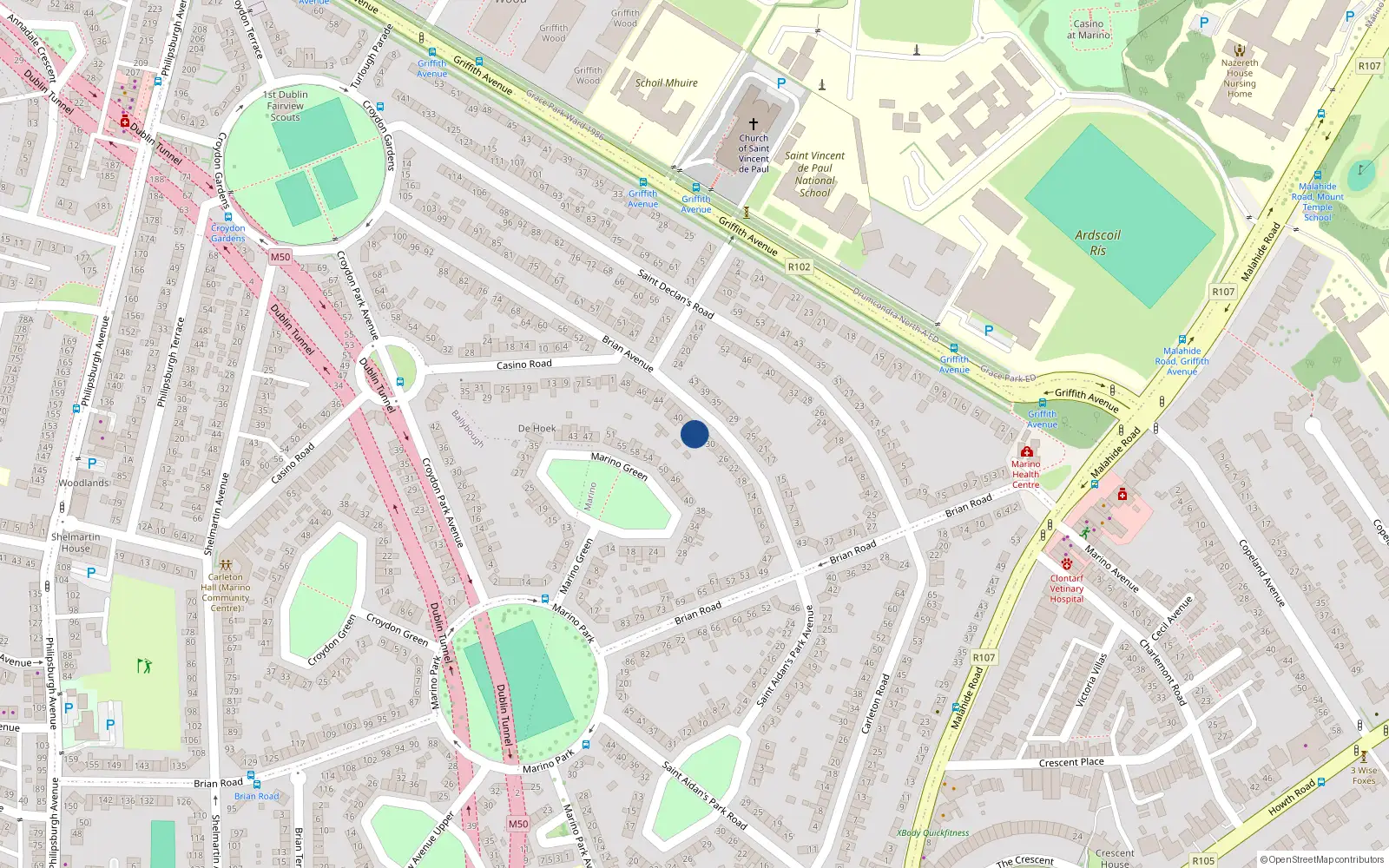 Overhead map showing the location of 32 Brian Avenue, Marino, Dublin 3